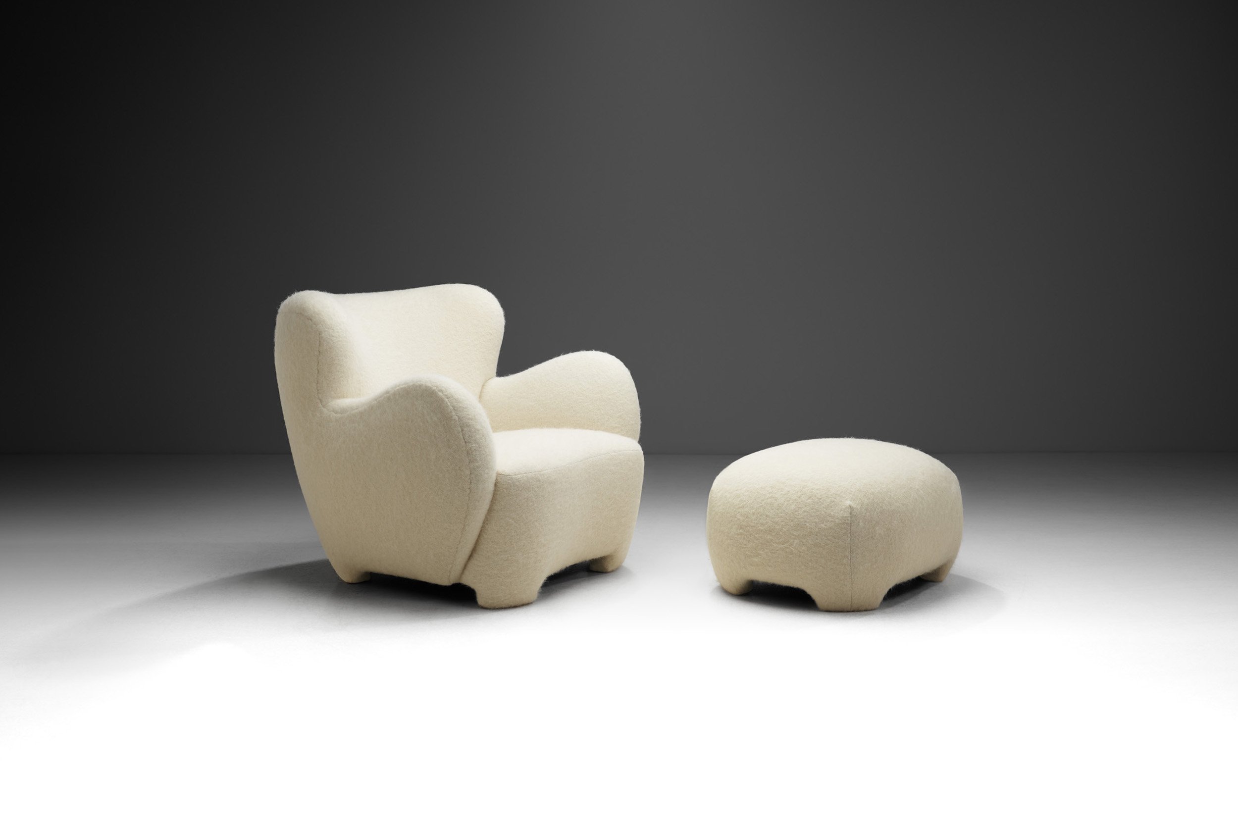 European Cabinetmaker Upholstered Lounge Chair with Ottoman, Europe ca 1940s (sold)