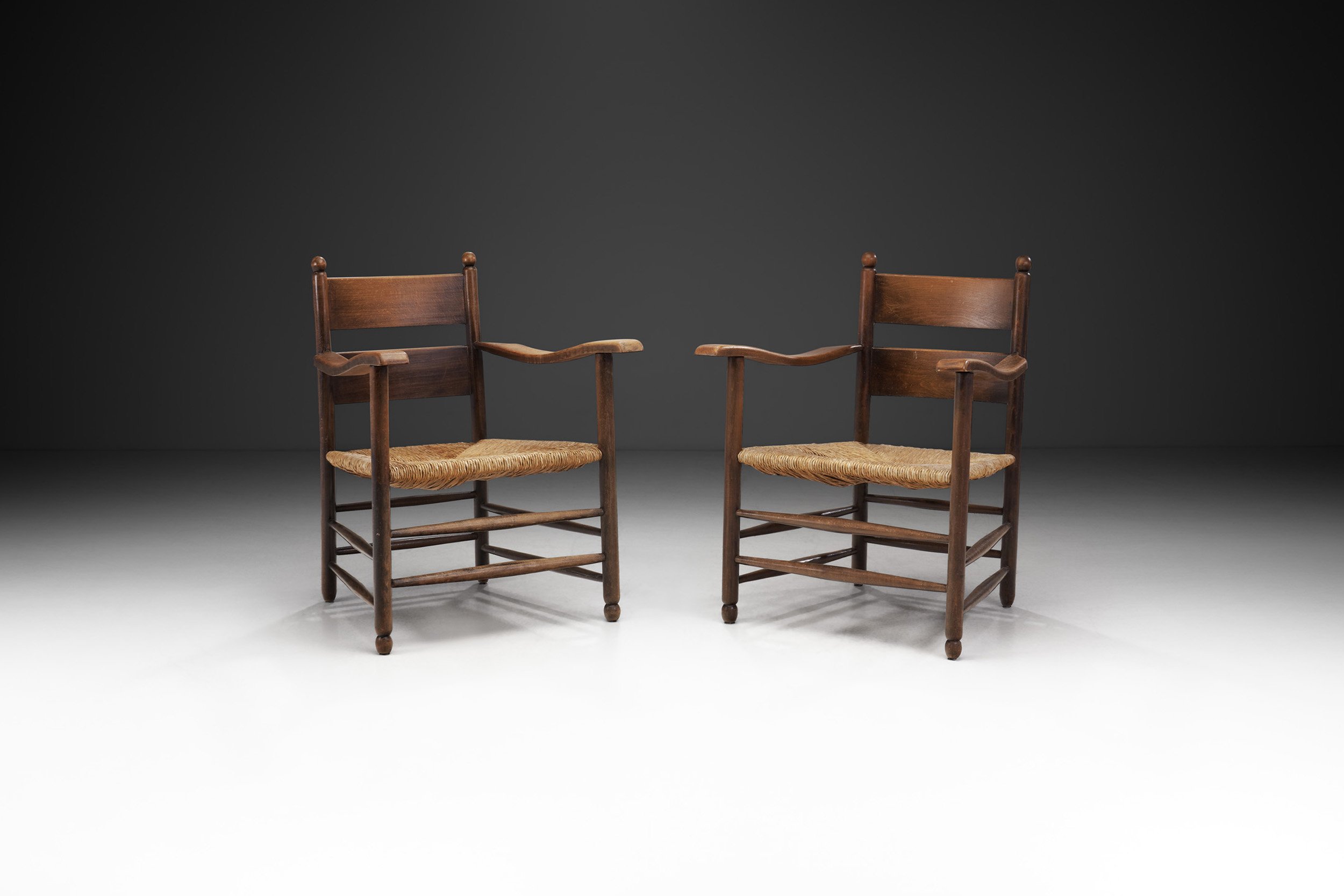 European Modernist Oak and Straw Armchairs, Europe 1960s (sold)