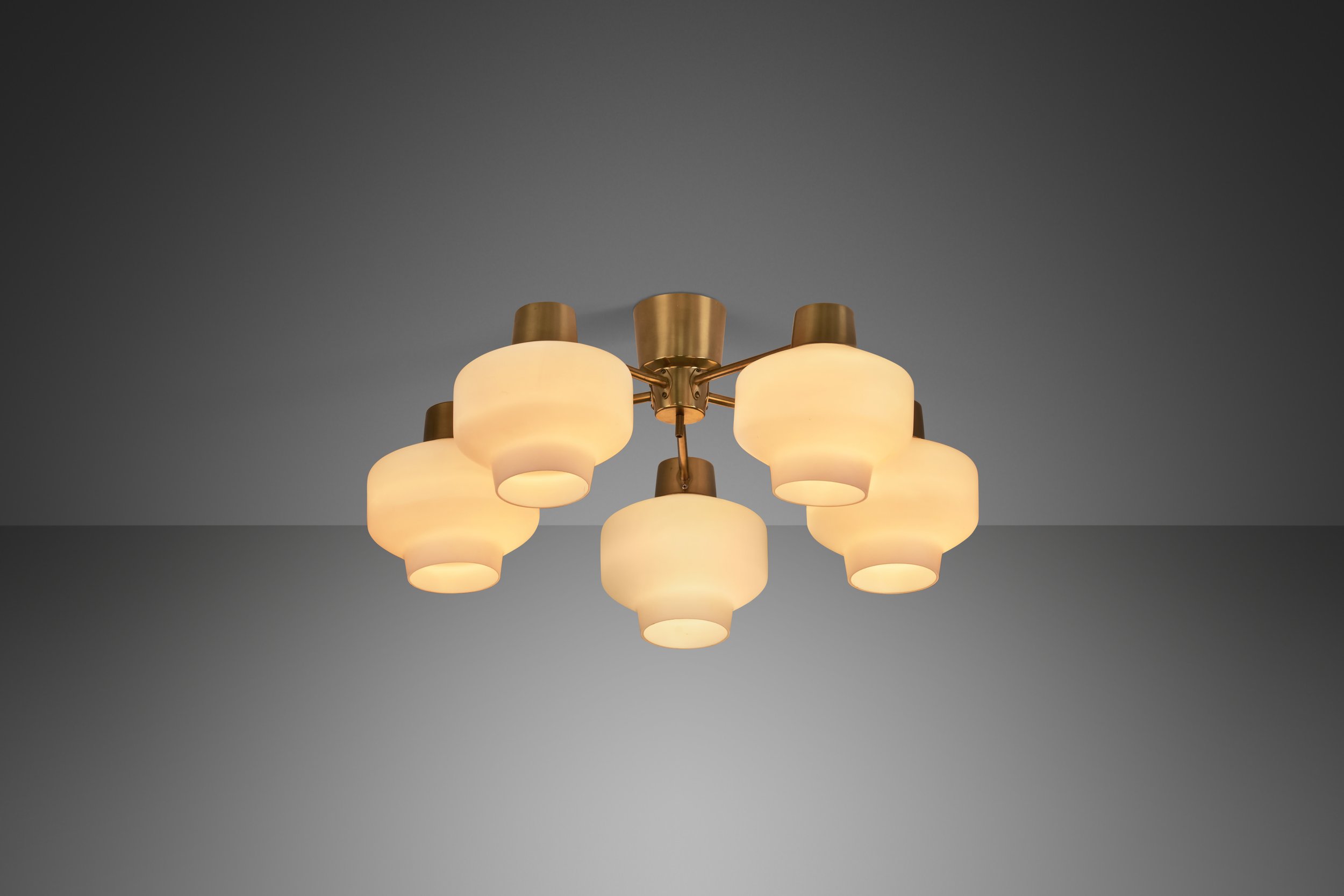 Five Arm Brass and Glass Ceiling Light by Hans Bergström for ASEA, Sweden ca 1950s