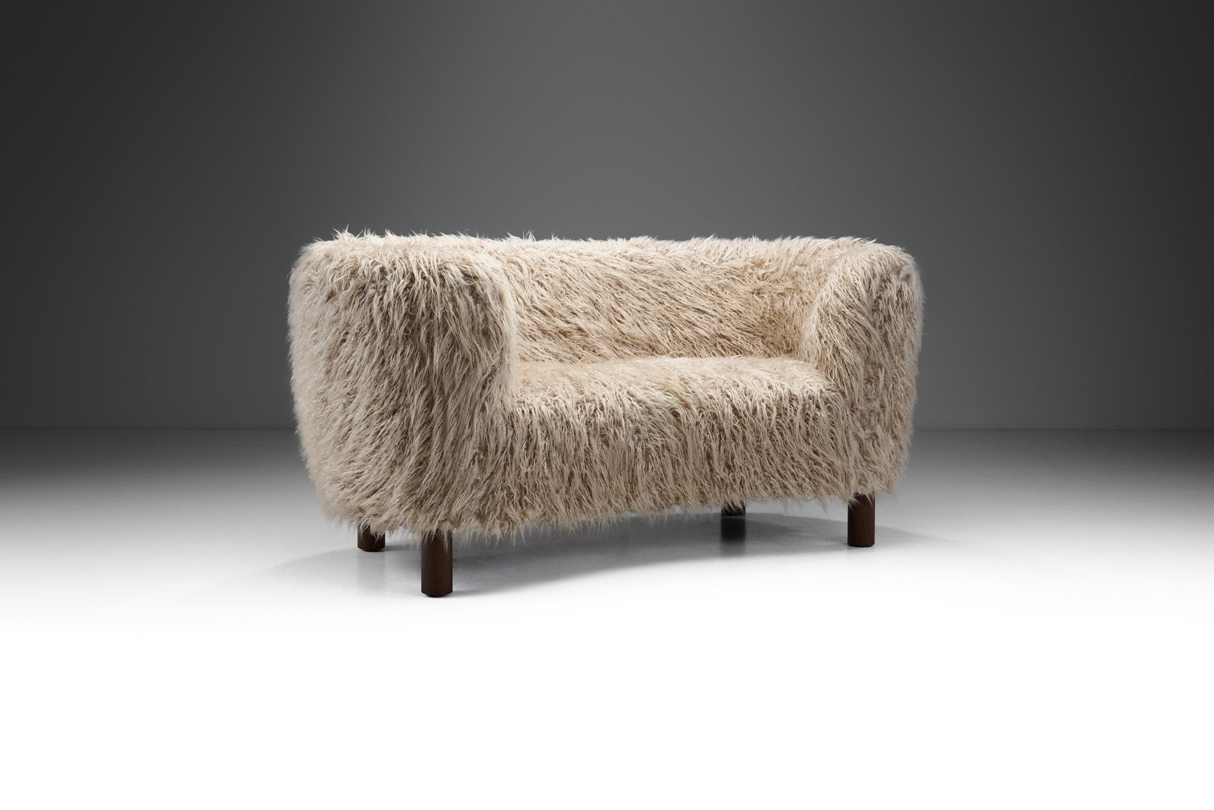 Danish Cabinetmaker Curved Sofa in Taupe Faux Shearling, Denmark ca 1950s