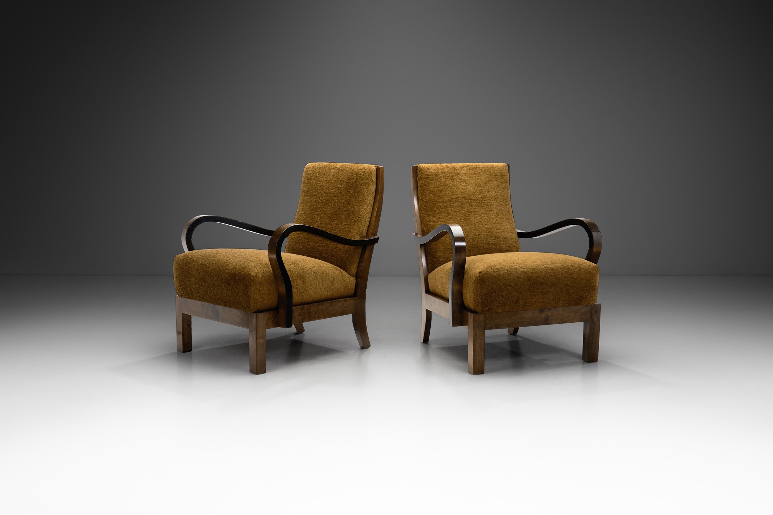 European Cabinetmaker Armchairs with Curved Arms, Europe 1930s (sold)