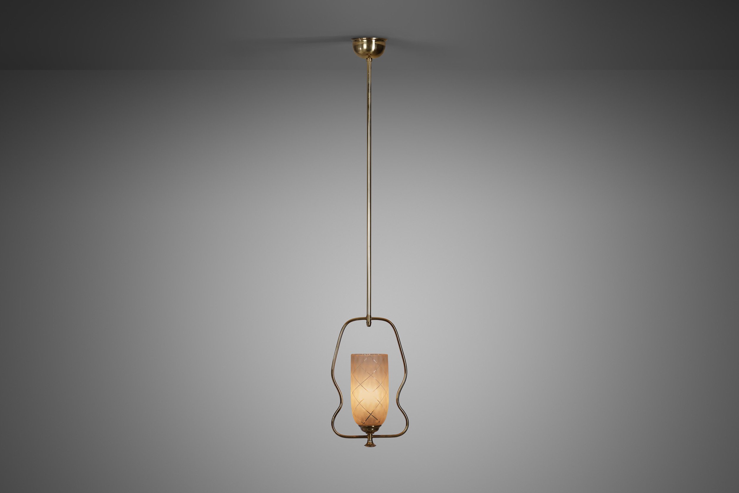 Brass Harp Pendant Light with Frosted Glass Shade, Europe ca 1960s (sold)