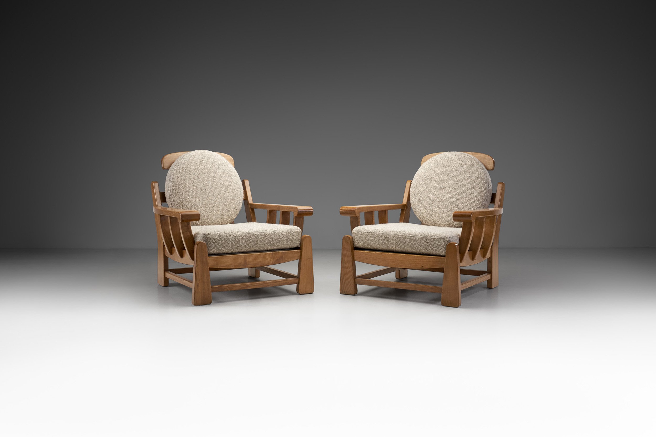 Pair of French Elm Wood Lounge Chairs by Maison Regain, France 1970s
