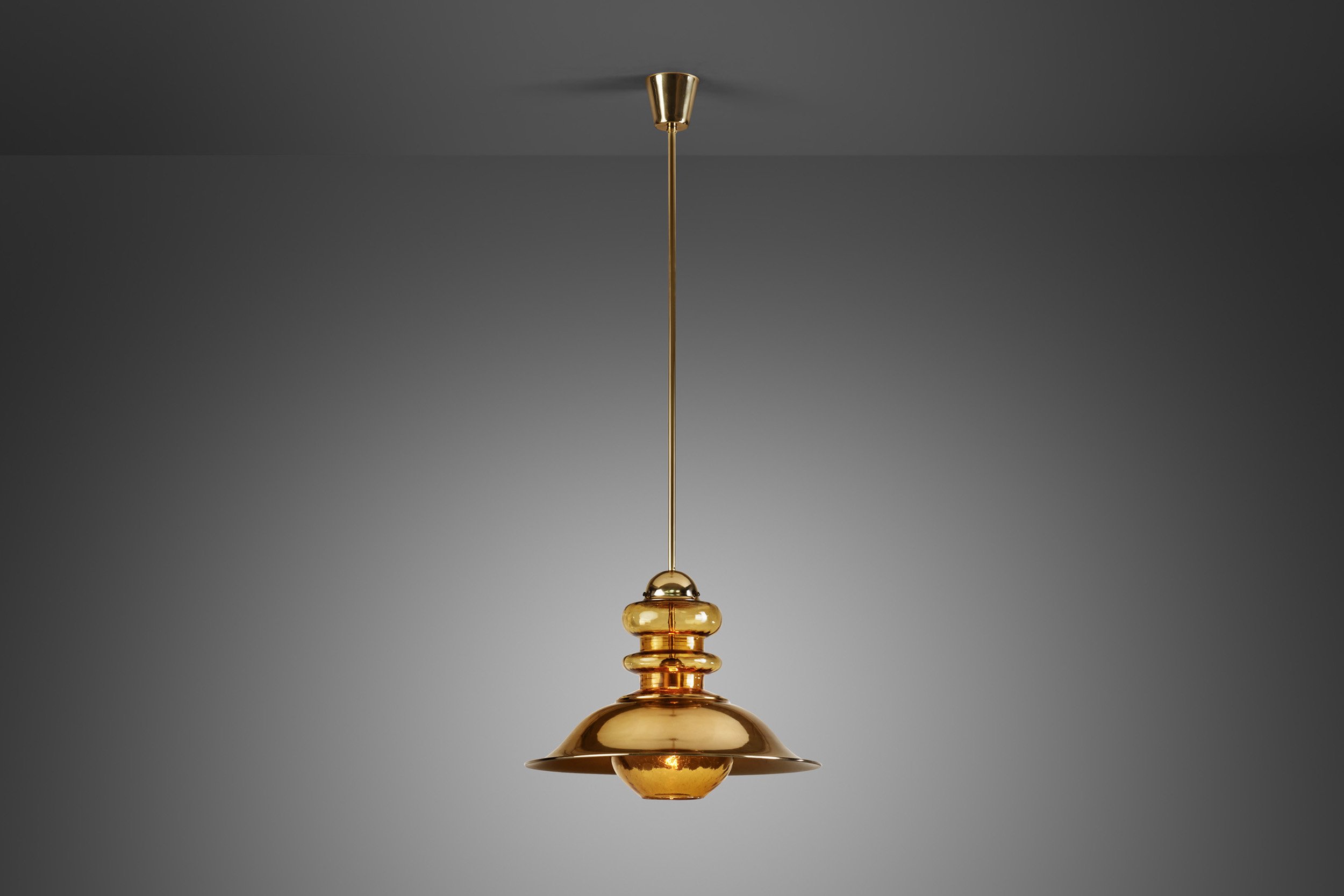 Brass Pendant Light with Patterned Amber Glass, Europe ca 1960s (sold)
