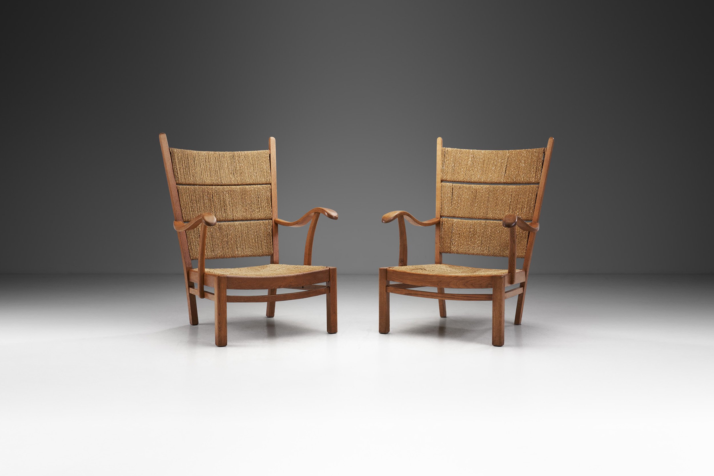 Bas Van Pelt Oak and Straw High Back Armchairs, The Netherlands 1940s (sold)