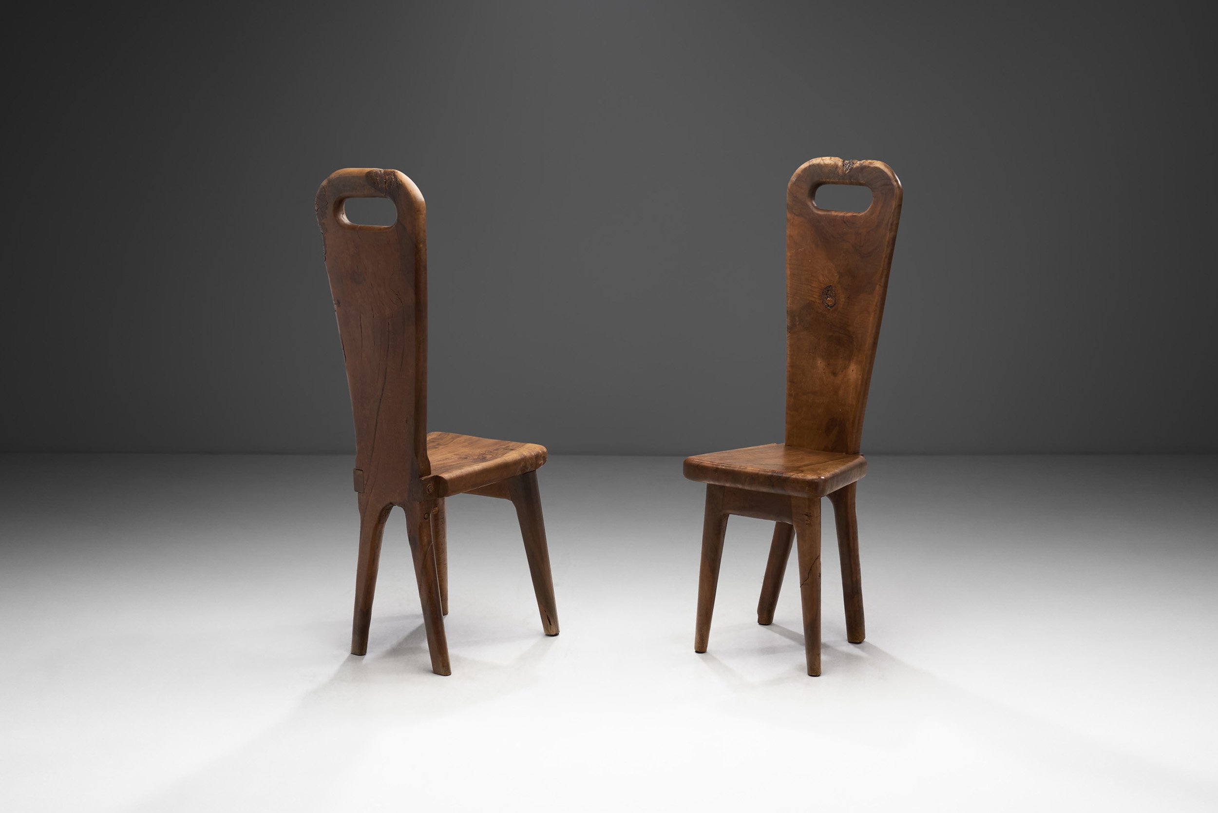 Olive Wood Sculptural High Back French Chairs, France 1970s