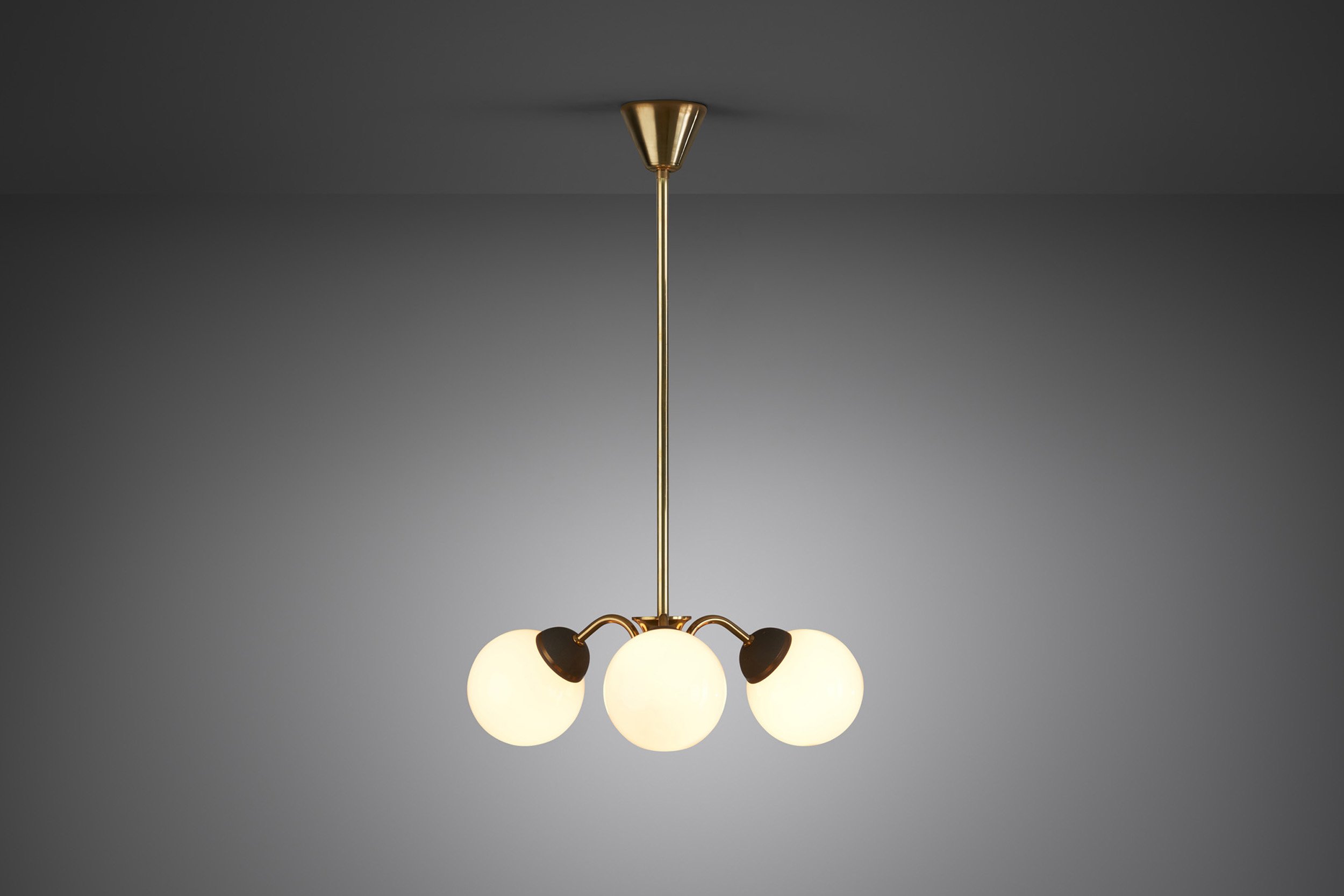 Brass Three-Armed Ceiling Lamp with Opal Glass Shades, Scandinavia 1950s
