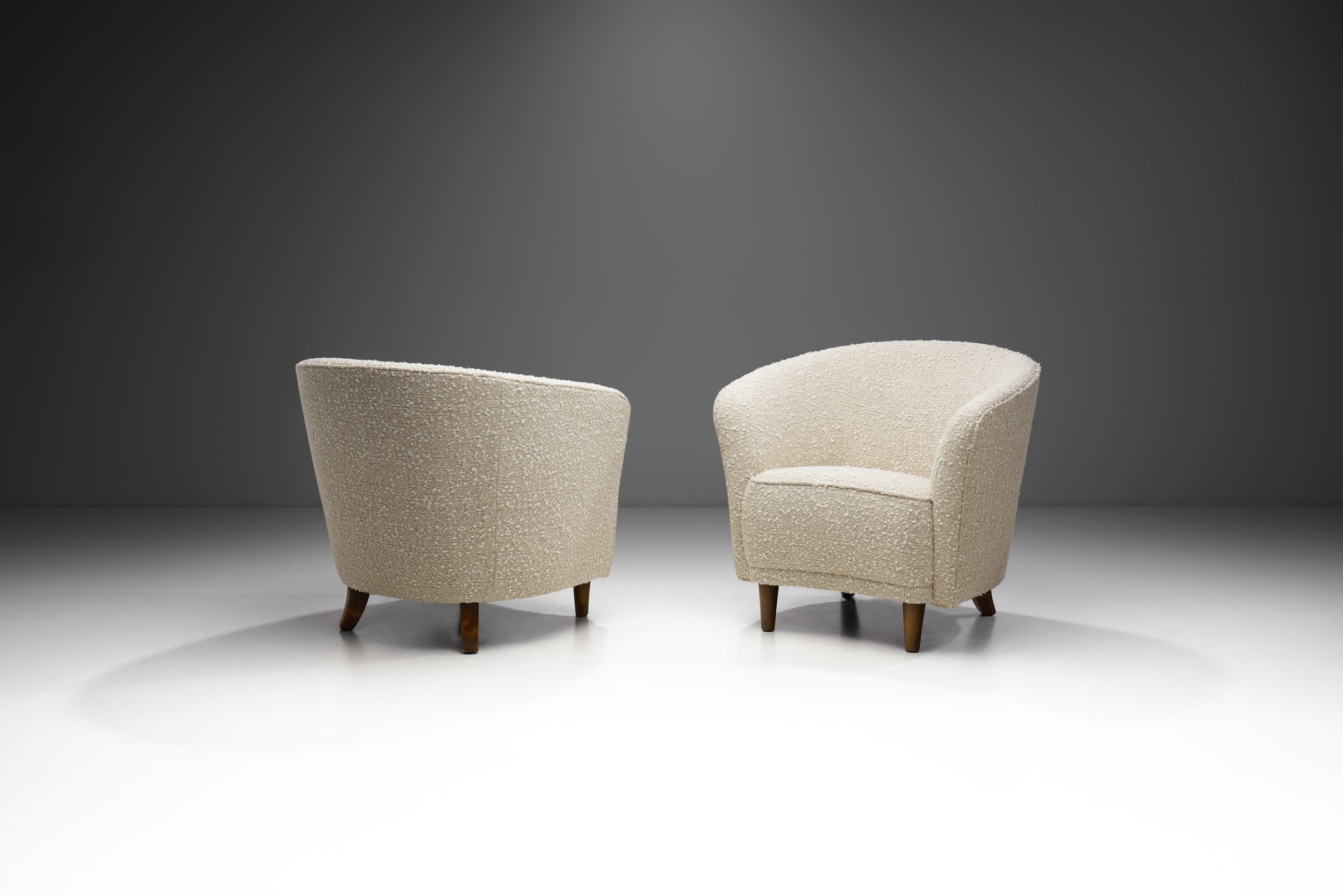 Enveloping Cabinetmaker Armchairs in Bouclé, Europe ca 1950s (sold)