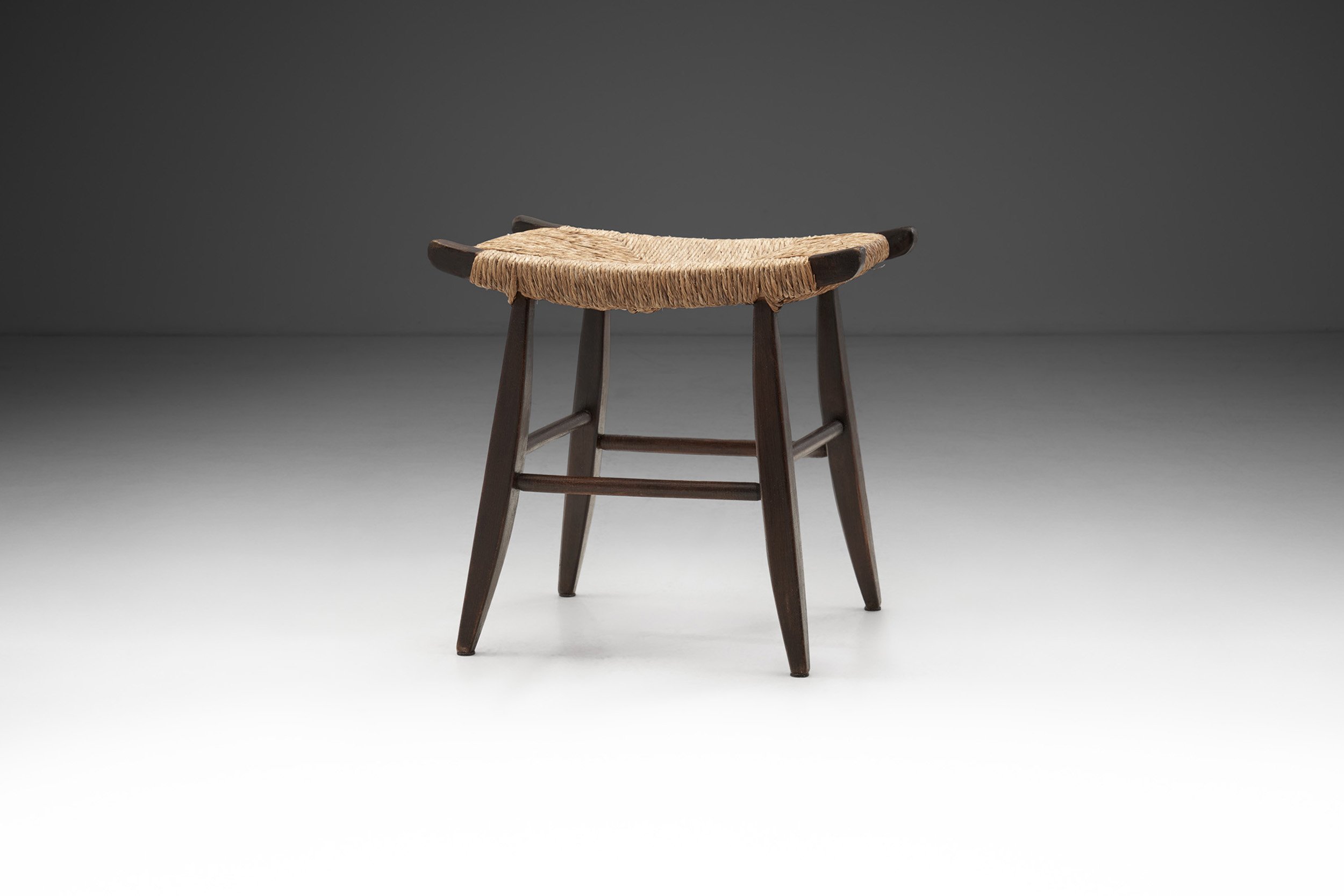 Mid-Century Papercord and Dark Stained Wood Stool, Europe ca 1960s (sold)