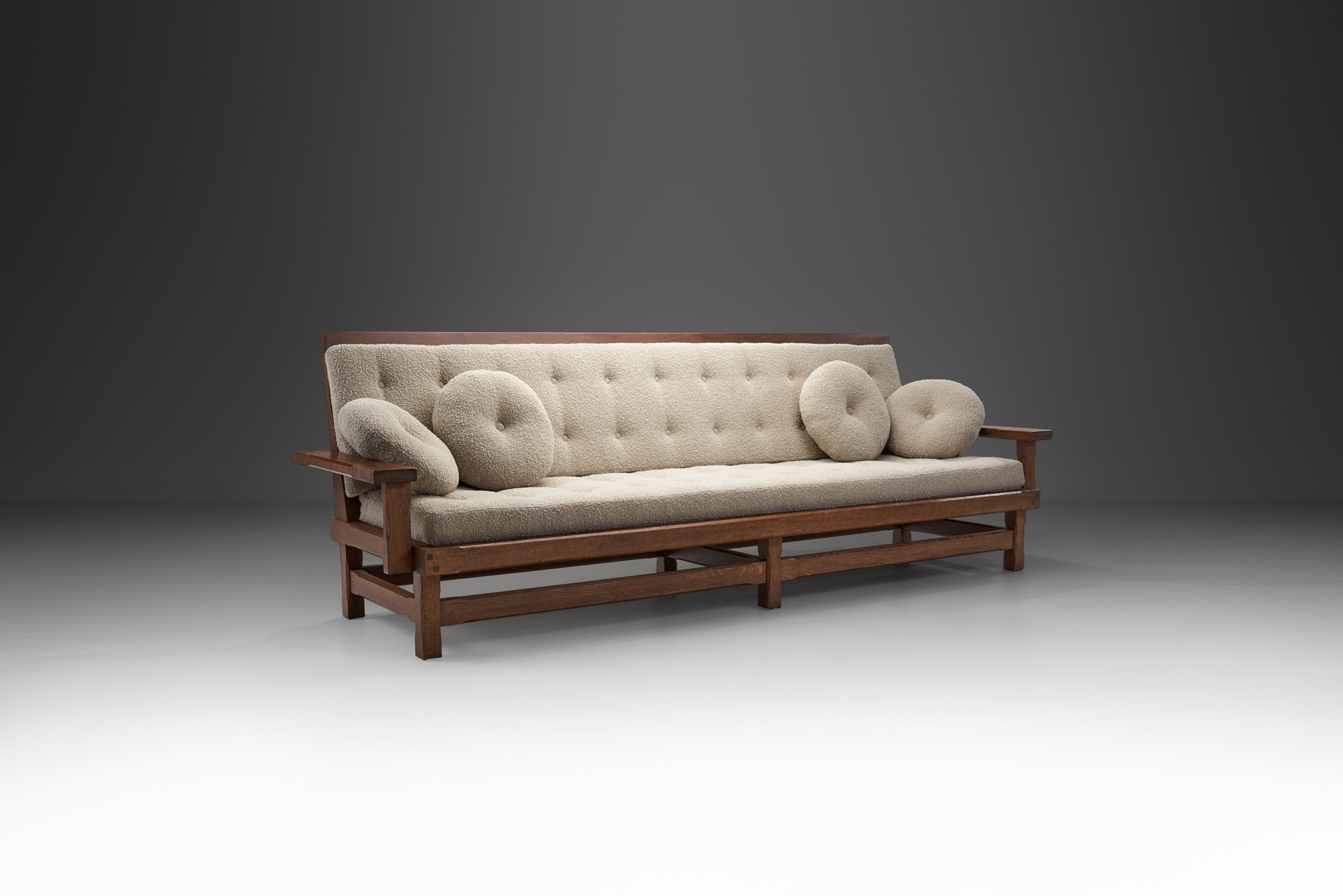 European Cabinetmaker Three-Seater Sofa with Bouclé Cushions, Europe ca 1950s