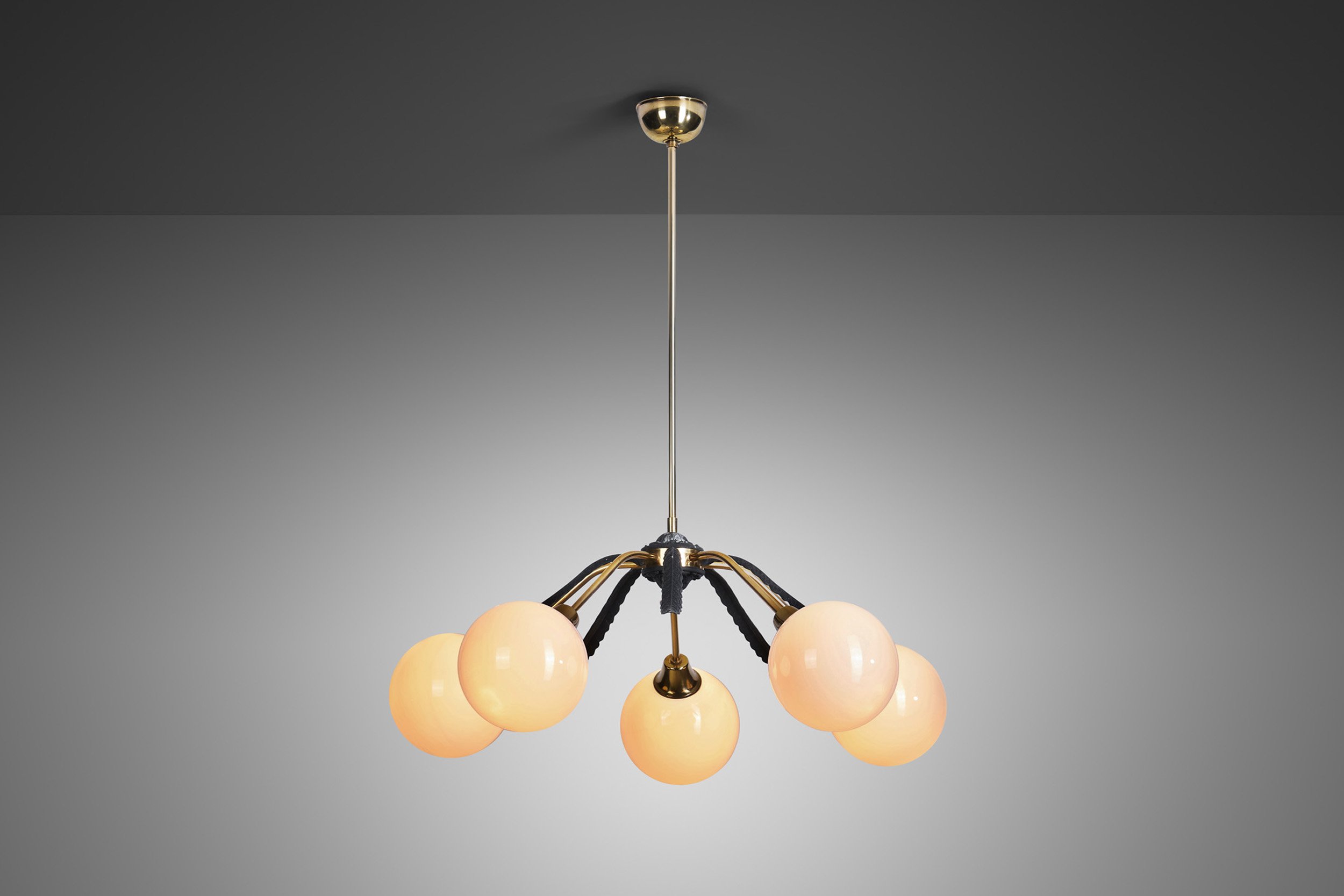 European Mid-Century Modern Brass Chandelier with Leaf Motif, Europe ca 1950s