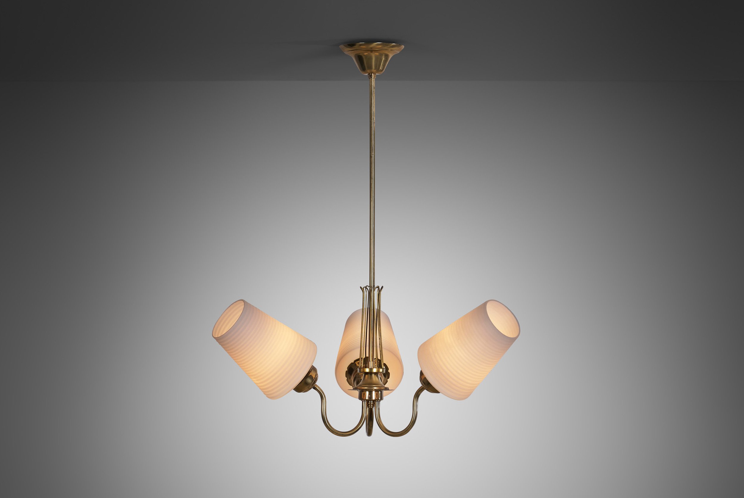 Three-Armed Swedish Ceiling Lamp with White Glass Shades, Sweden 1950s (sold)