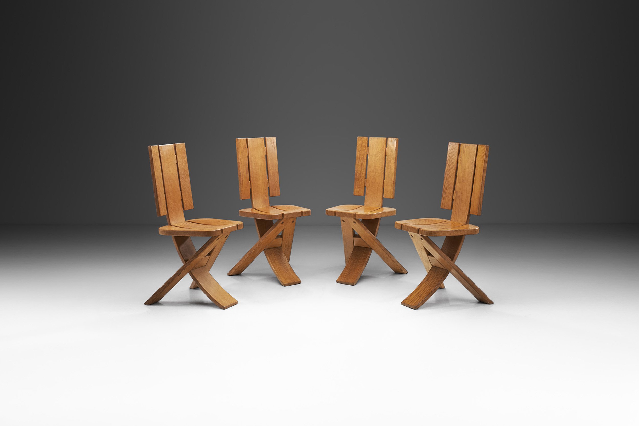 Set of Four Sculptural Oak Tripod Chairs by Ebénisterie Seltz, France 1970s