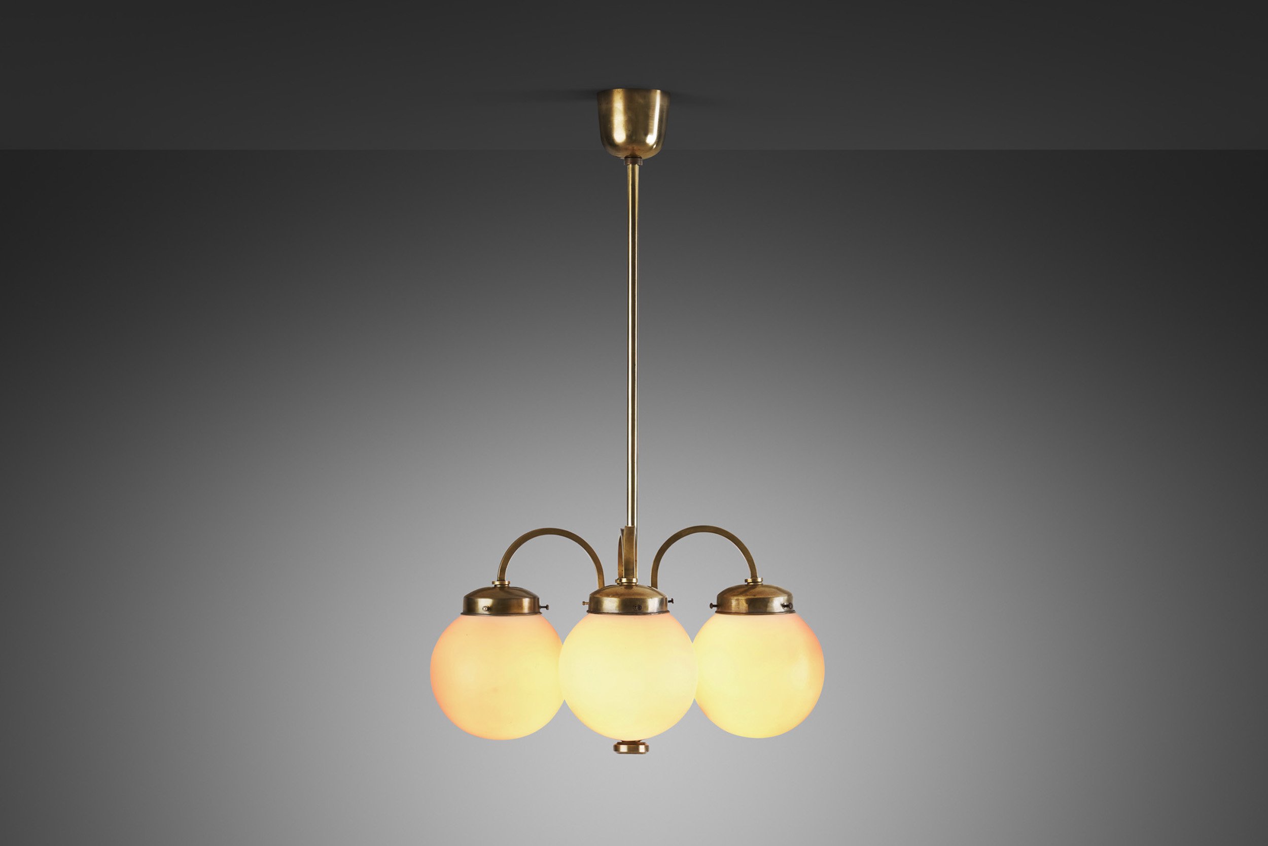Curved Ceiling Lamp with Four Opal Glass Shades, Europe 1940s