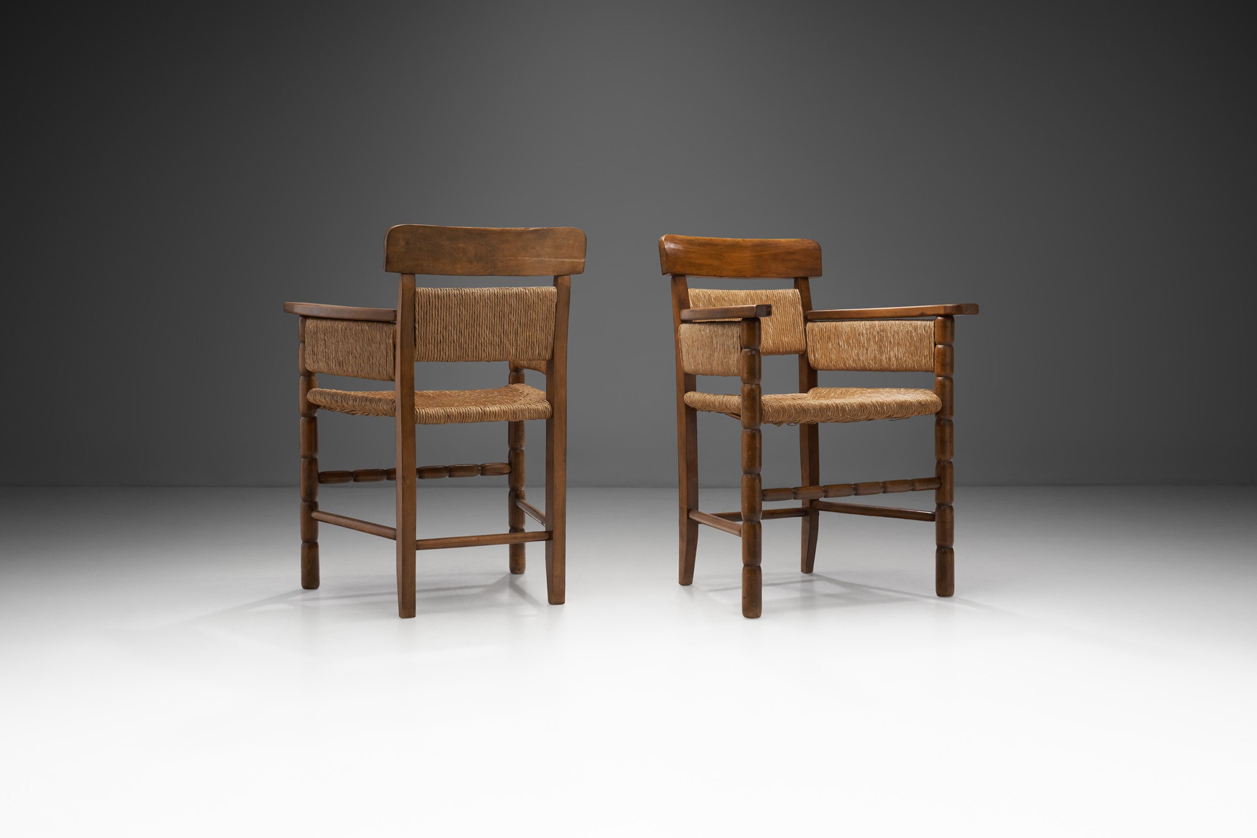 Solid Wood And Paper Cord Armchairs with Carved Legs, Europe ca 1950s (sold)