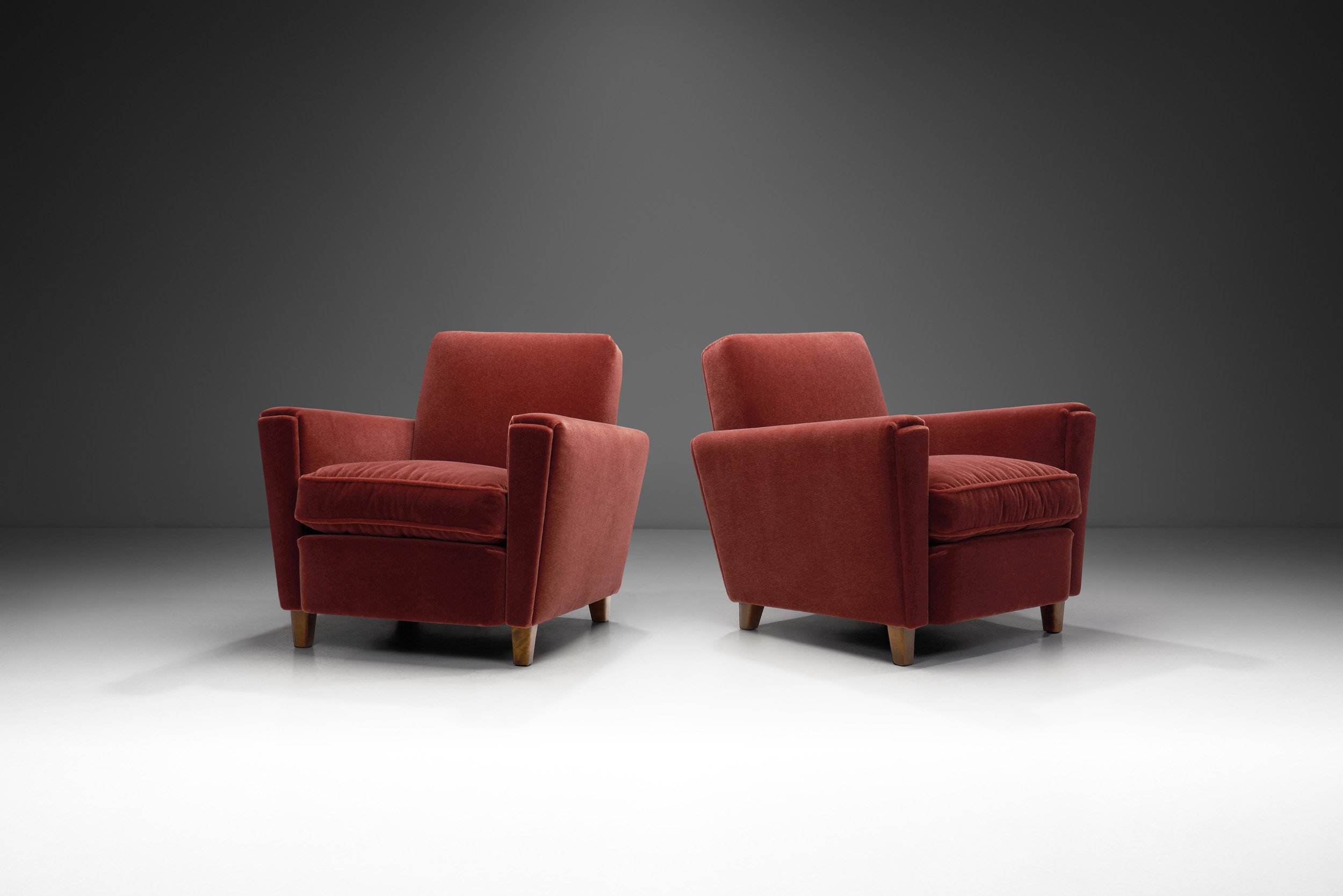 European Modern Upholstered Armchairs with Tapered Wood Feet, Europe 1940s (sold)