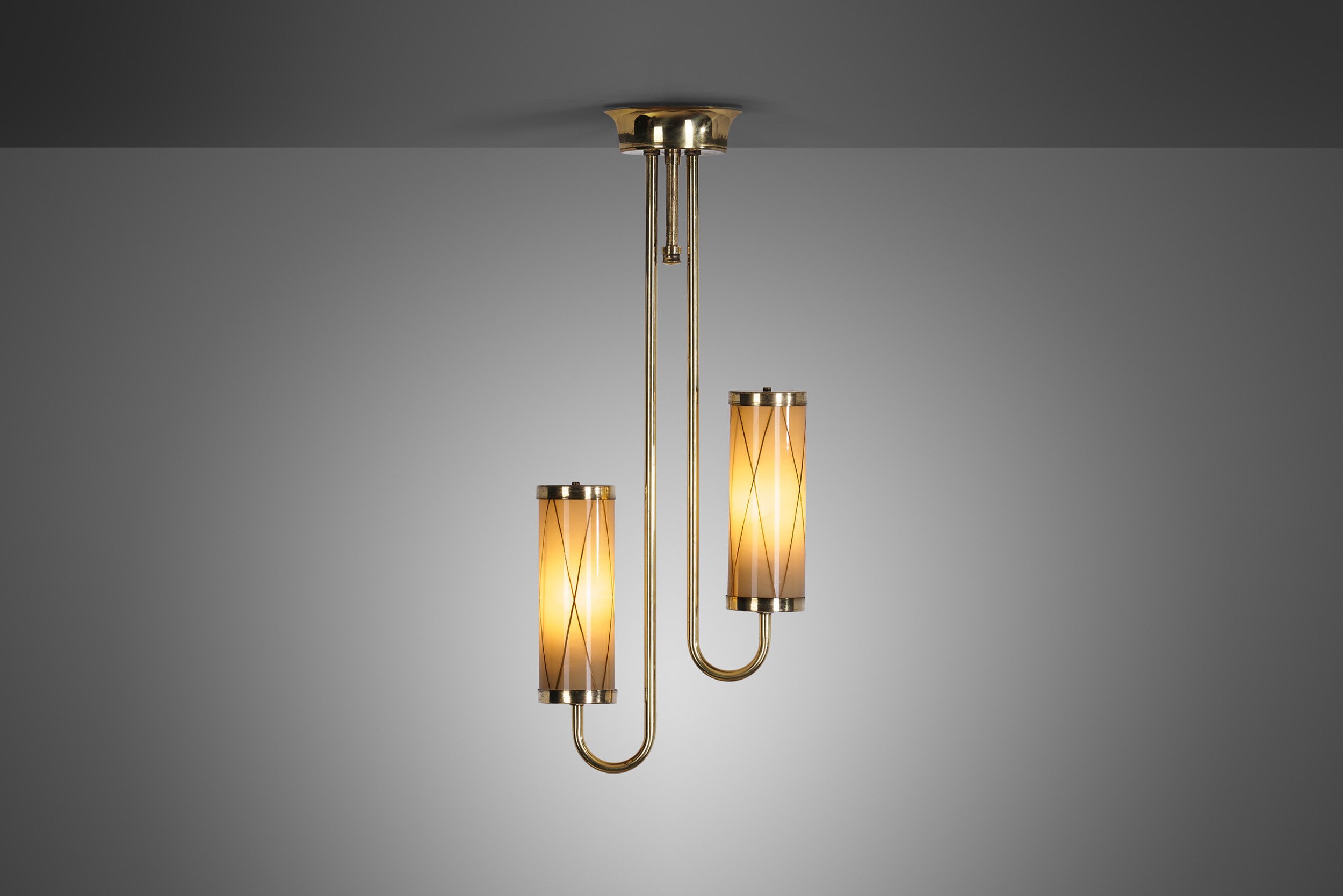 Brass Ceiling Lamp with Decorative Cylindrical Glass Shades, Europe ca 1950s
