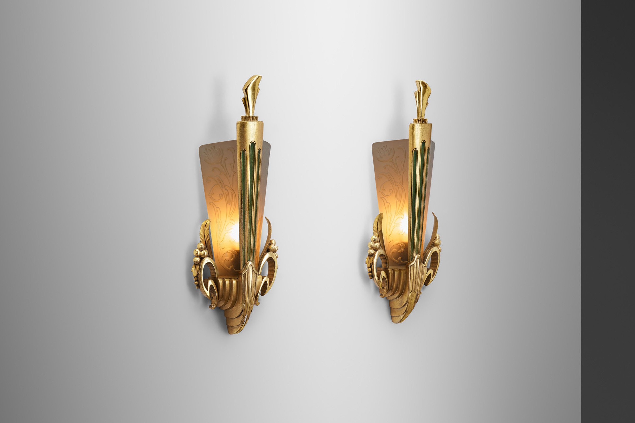Glass and Gilt-Wood Wall Lights by Broman, Europe Early 20th Century