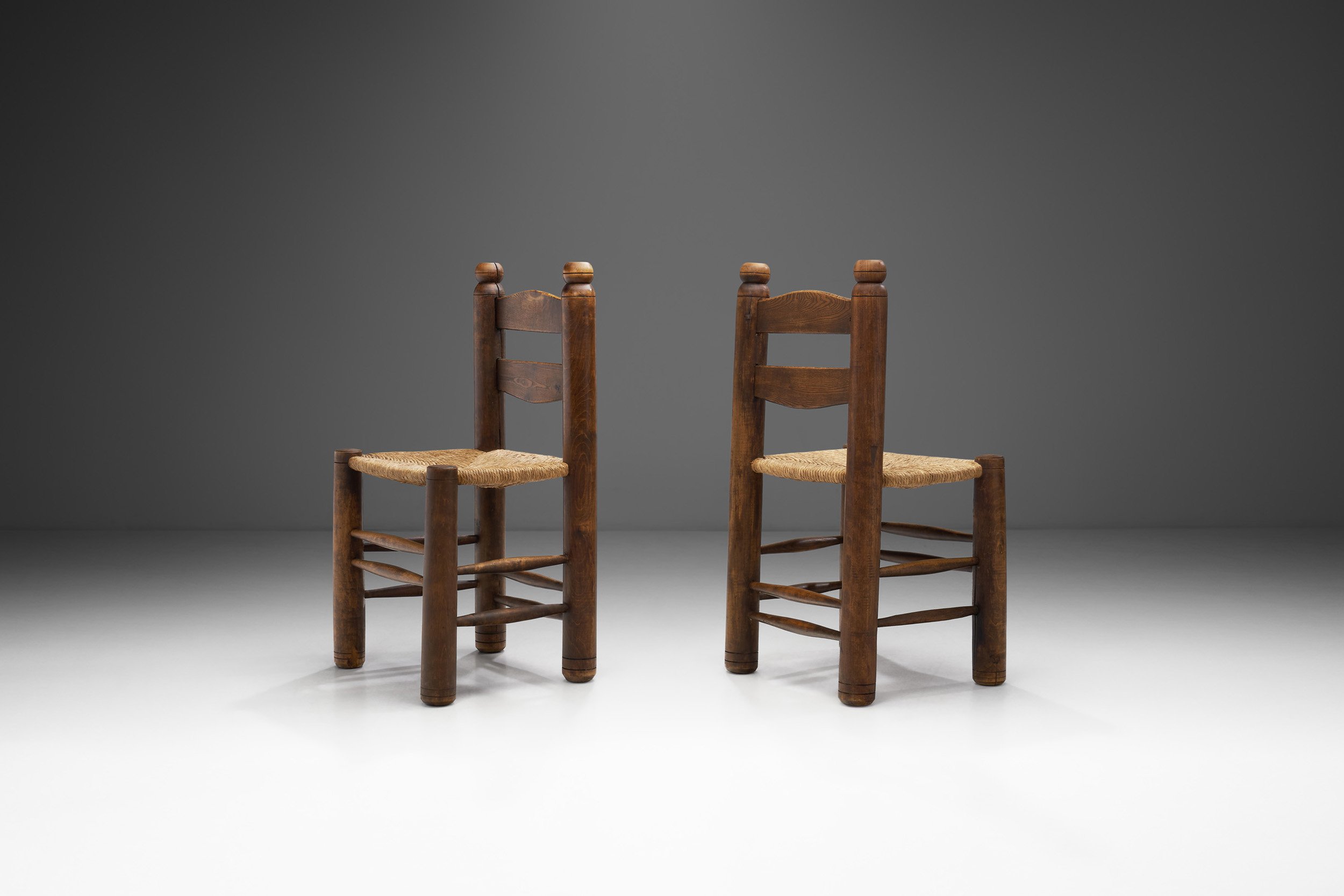 Wood Turned Chairs with Woven Rush Seats, Europe ca 1940s