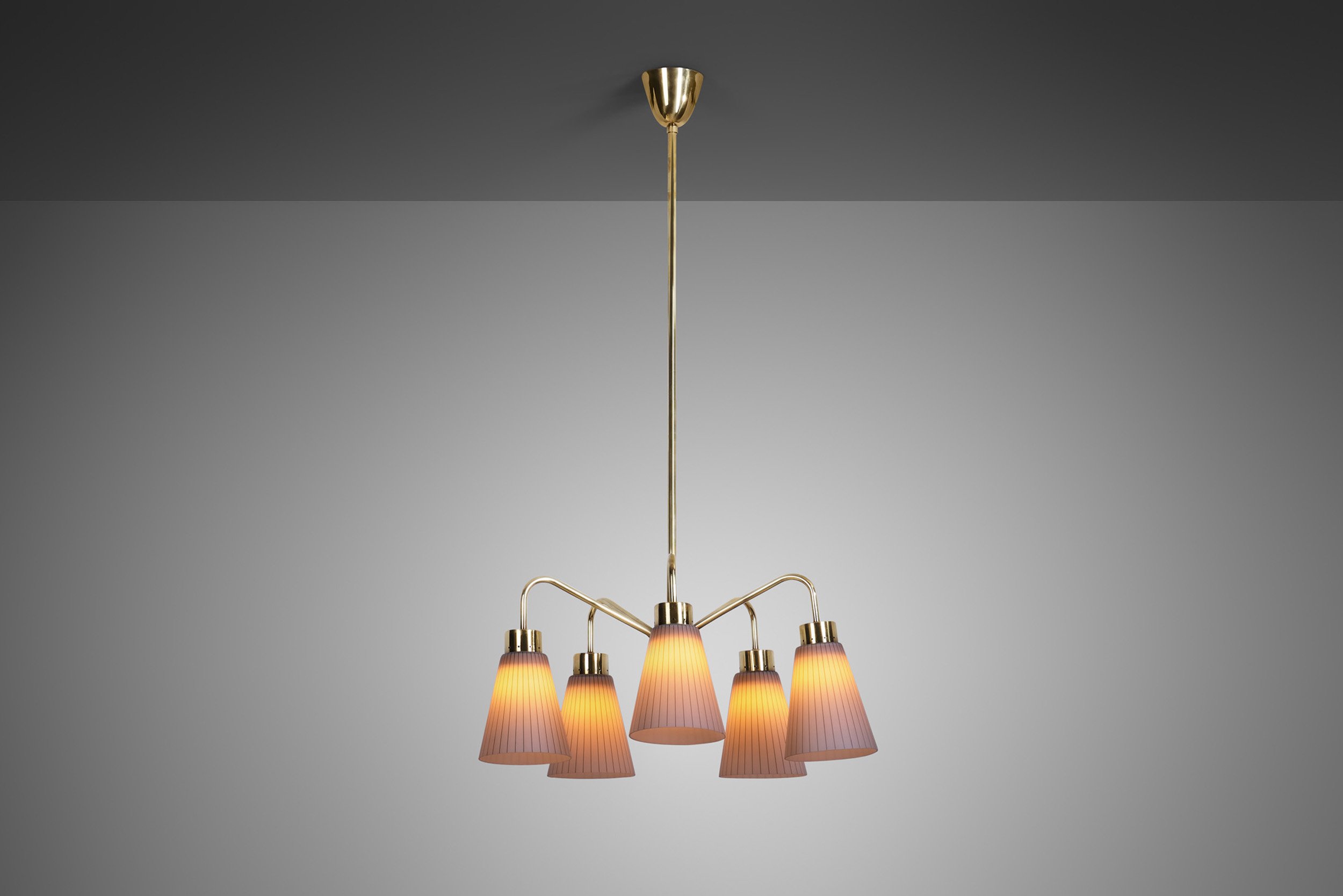 Mid-Century Modern Brass Ceiling Lamp with Striped Glass Shades, Europe ca 1950s (sold)