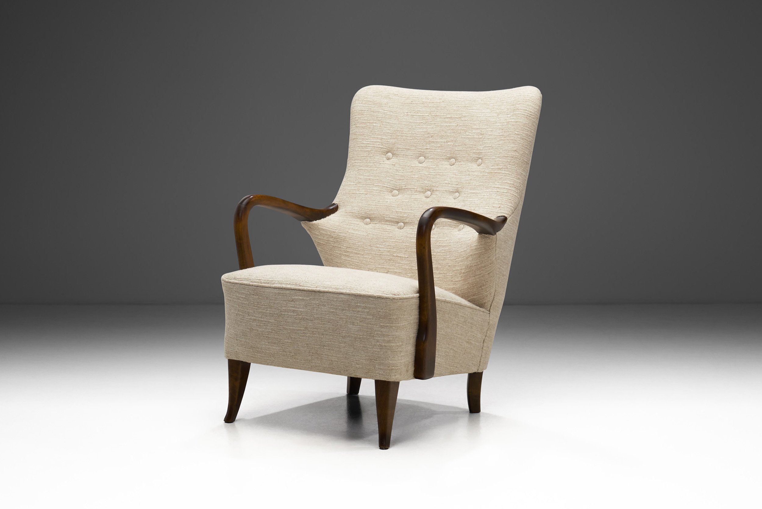 Swedish Upholstered Wooden Armchair with Curved Arms, Sweden ca 1940s (sold)