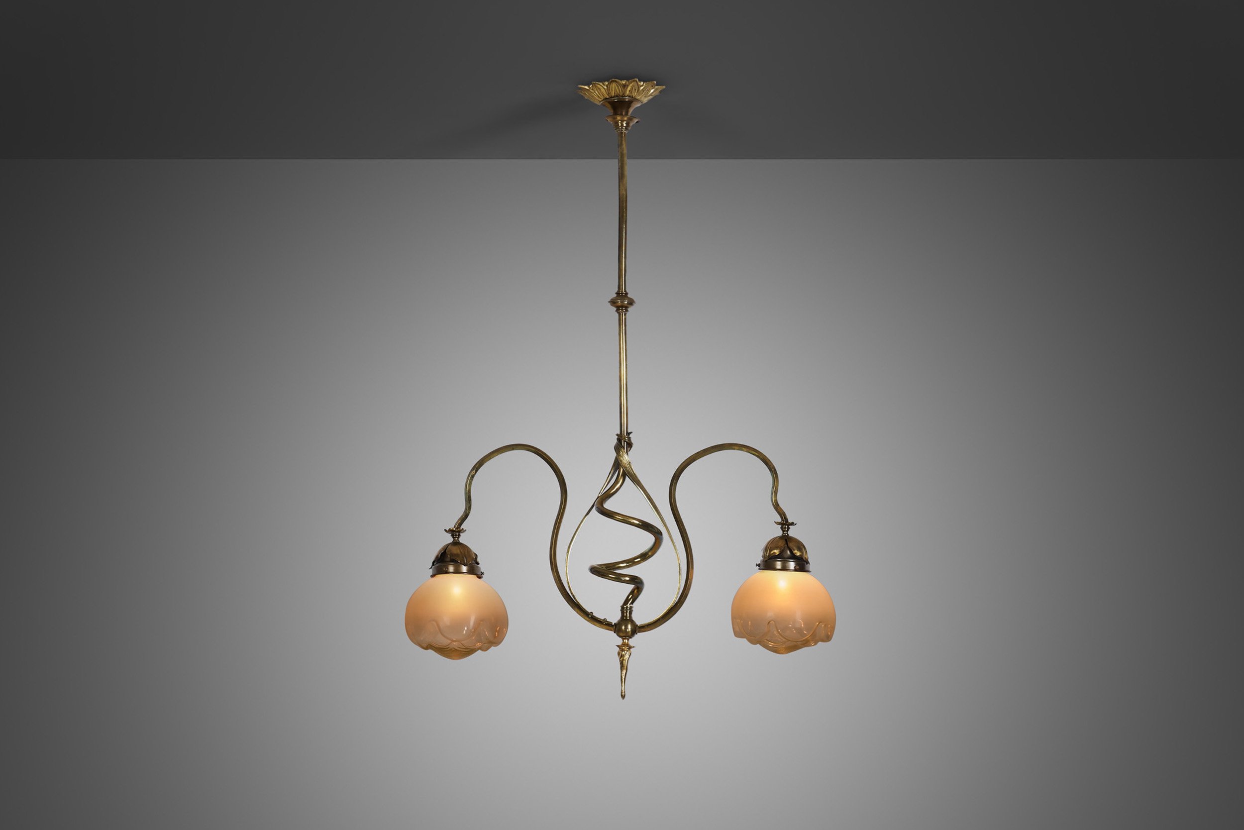 Jugend Ceiling Lamp in Patinated Brass and Glass, Europe early 20th century
