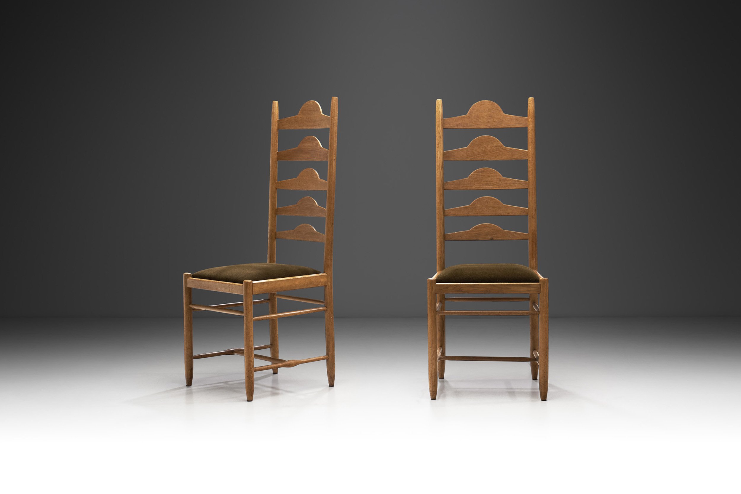 Sculptural Ladder-Back Chairs with Upholstered Seats, Europe first half of the 20th century
