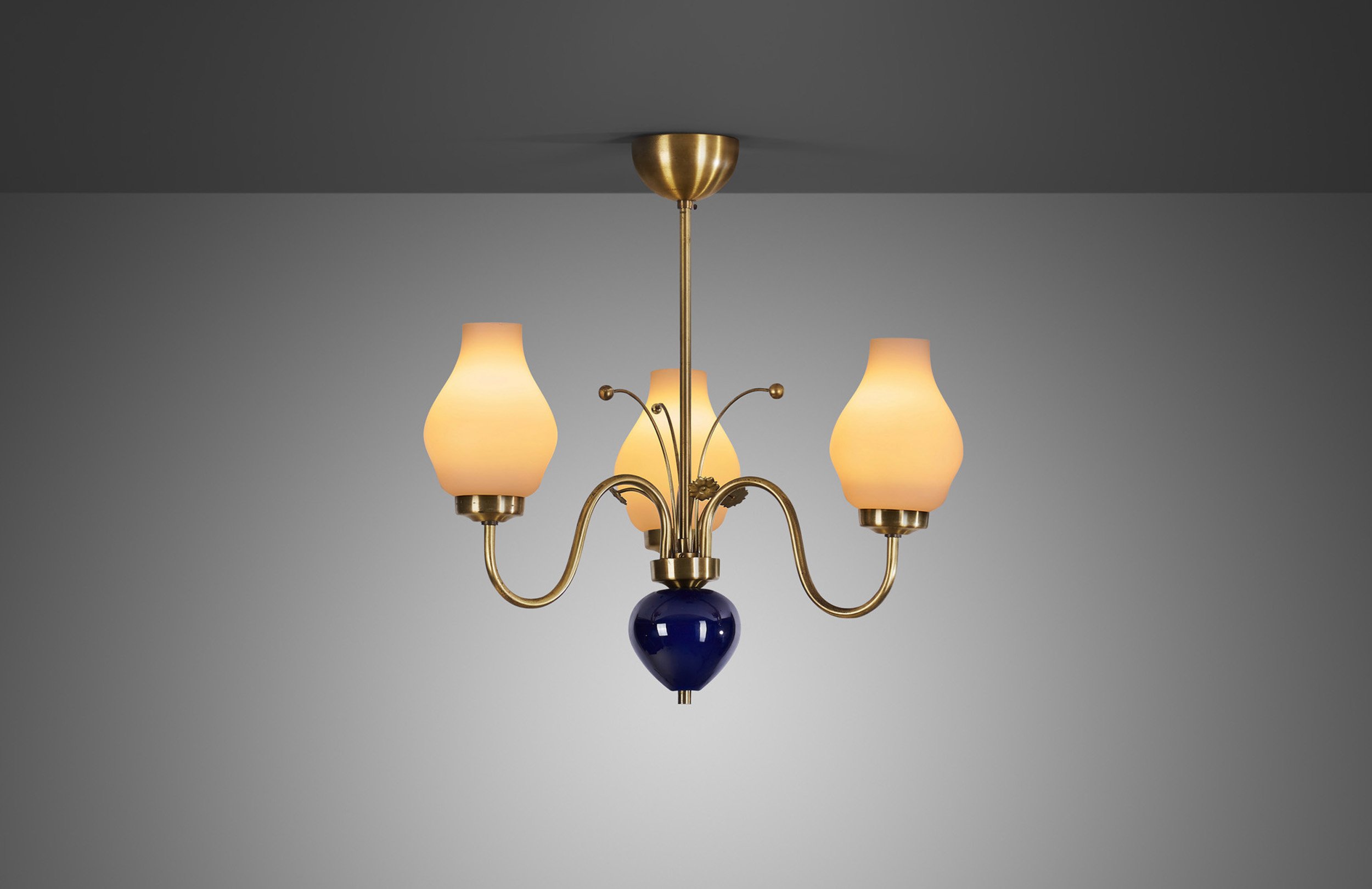 Swedish Modern Chandelier with Glass Cluster and Floral Details, Sweden ca 1950s