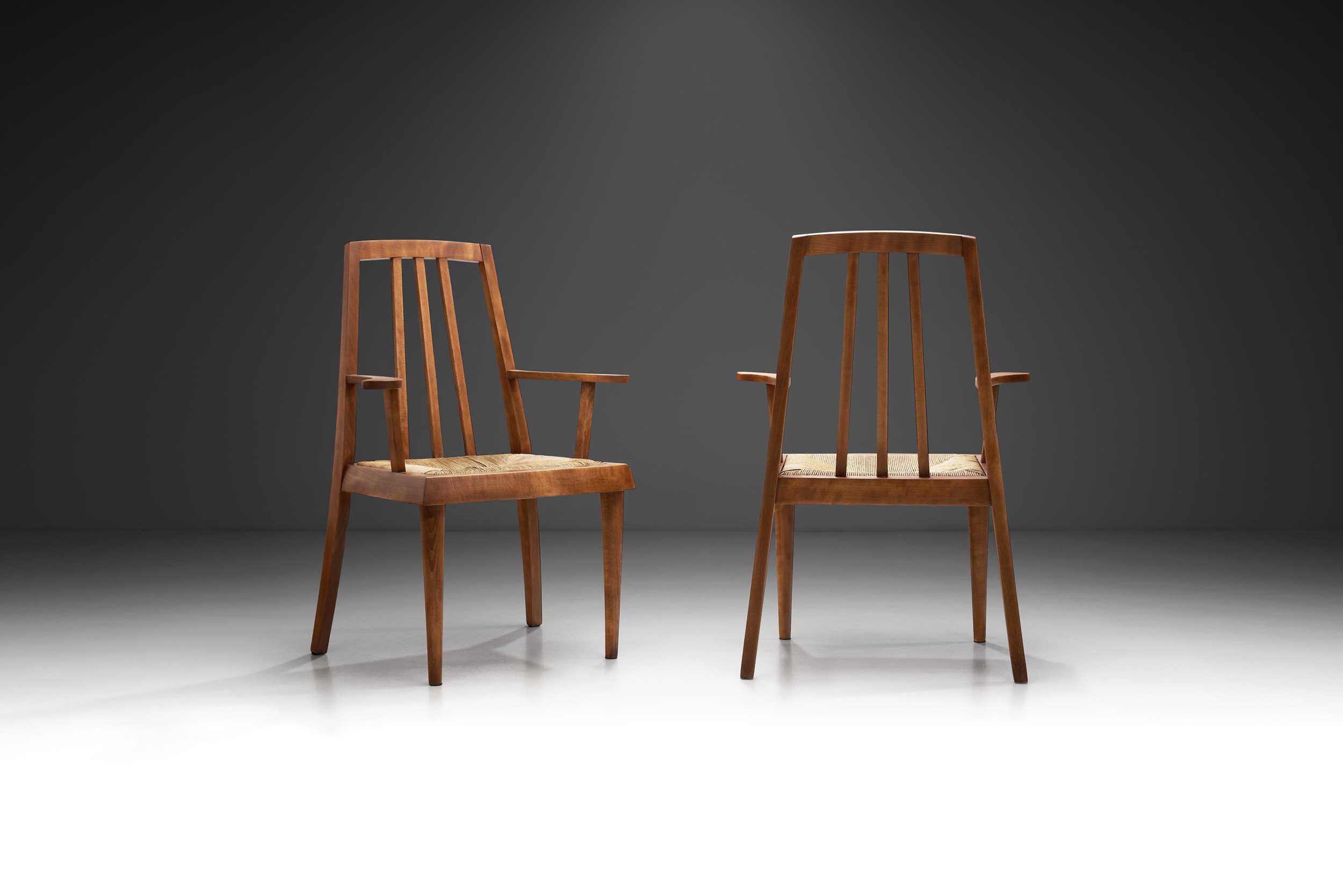 French Mid-Century Modern Armchairs with Rush Seats, France 1960s (sold)