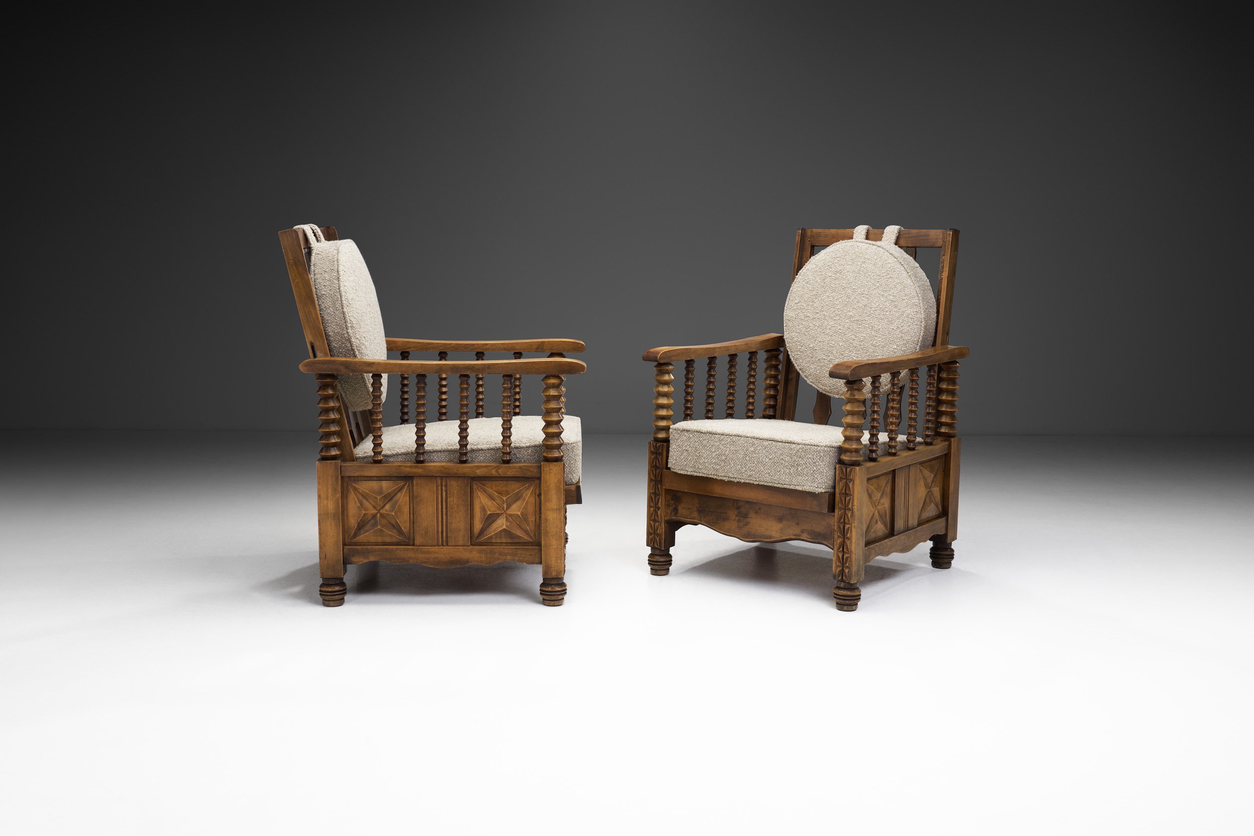 Mid-Century Turned Oak Armchairs in the style of Charles Dudouyt, France 1950s (sold)
