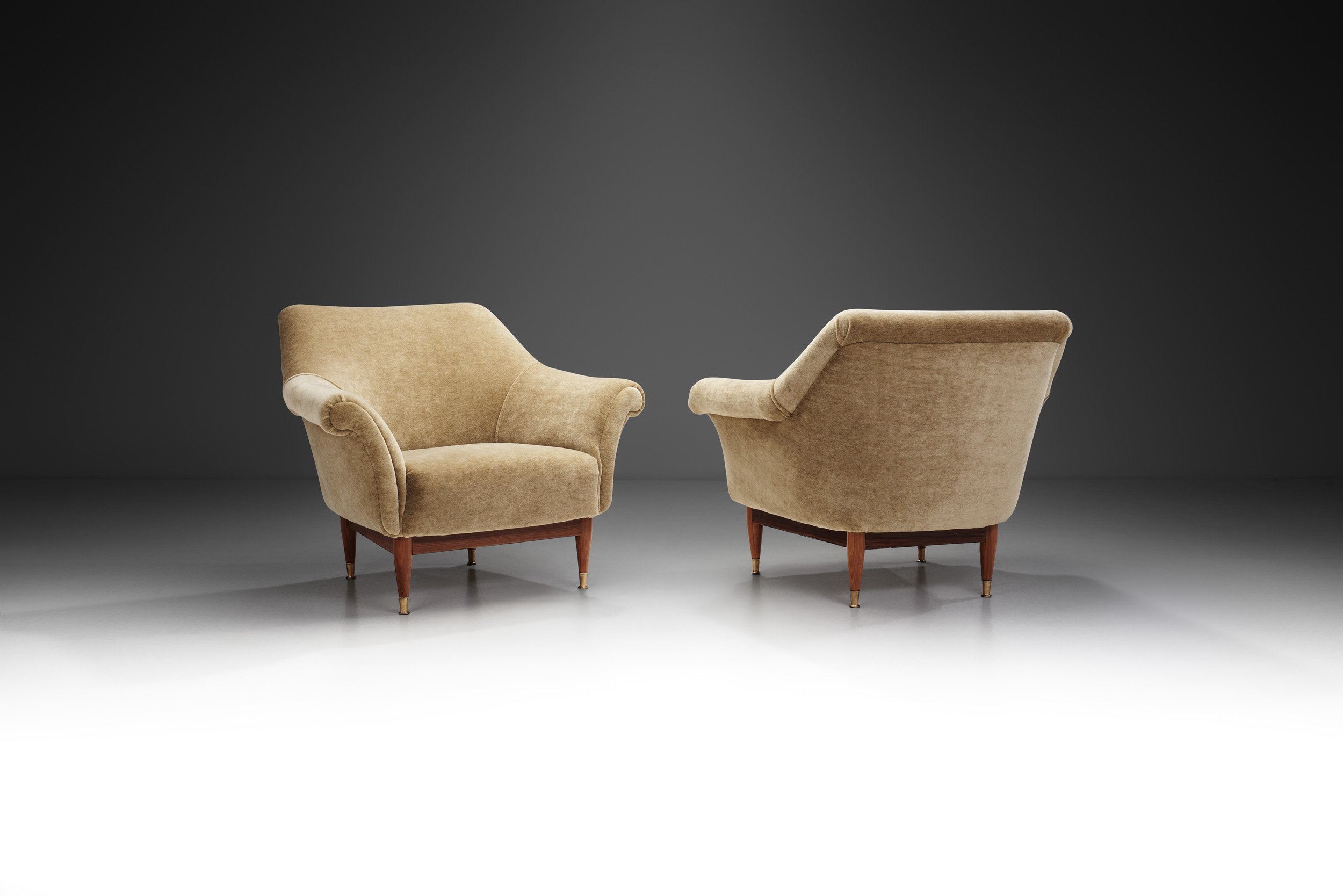 Italian Mid-Century Modern Armchairs with Brass Leg Caps, Italy ca 1950s (sold)