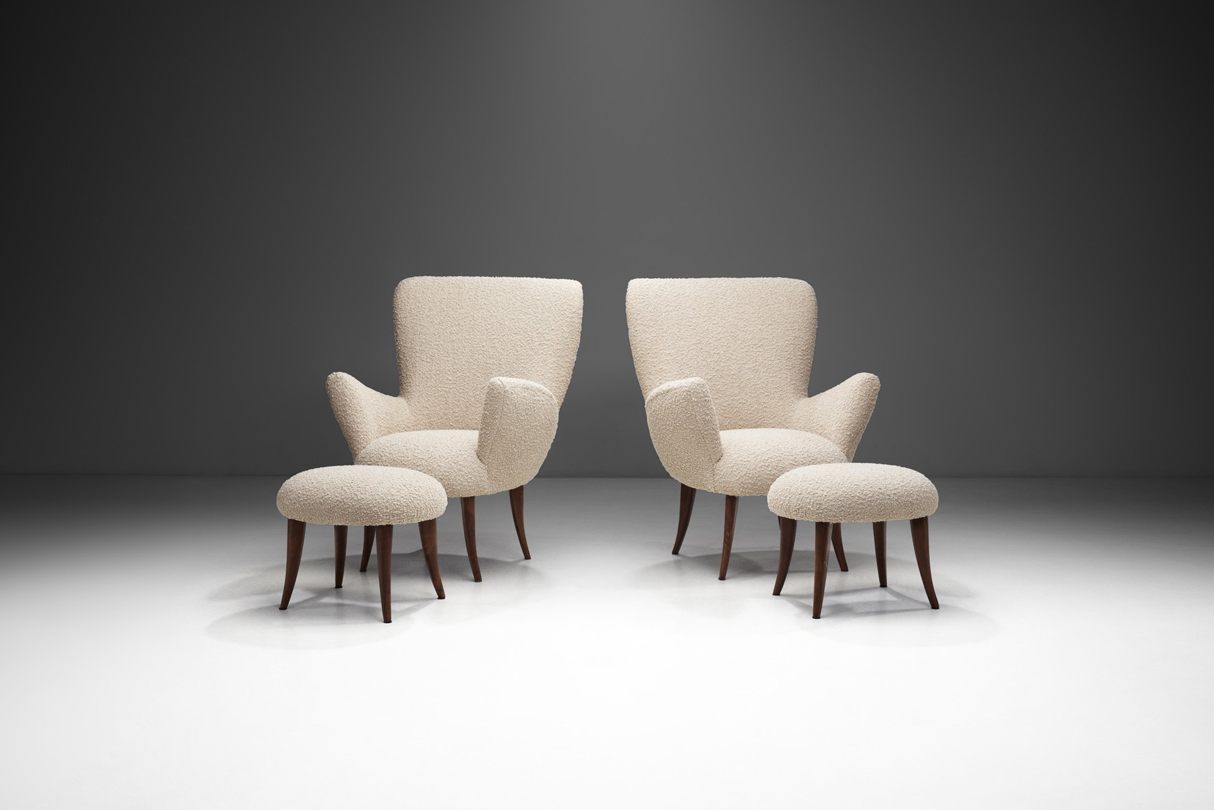 European Cabinetmaker Chairs with Footstools Upholstered in Bouclé, Europe ca 1950s