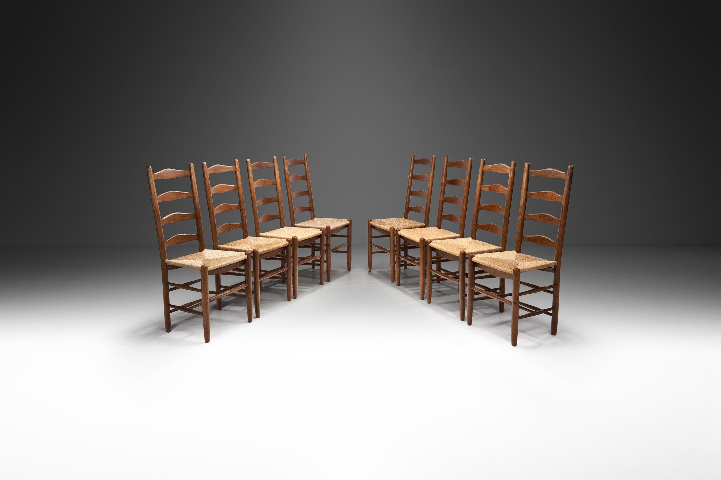Set of Eight Ladderback Dining Chairs with Rush Seats, Europe second half of the 20th century
