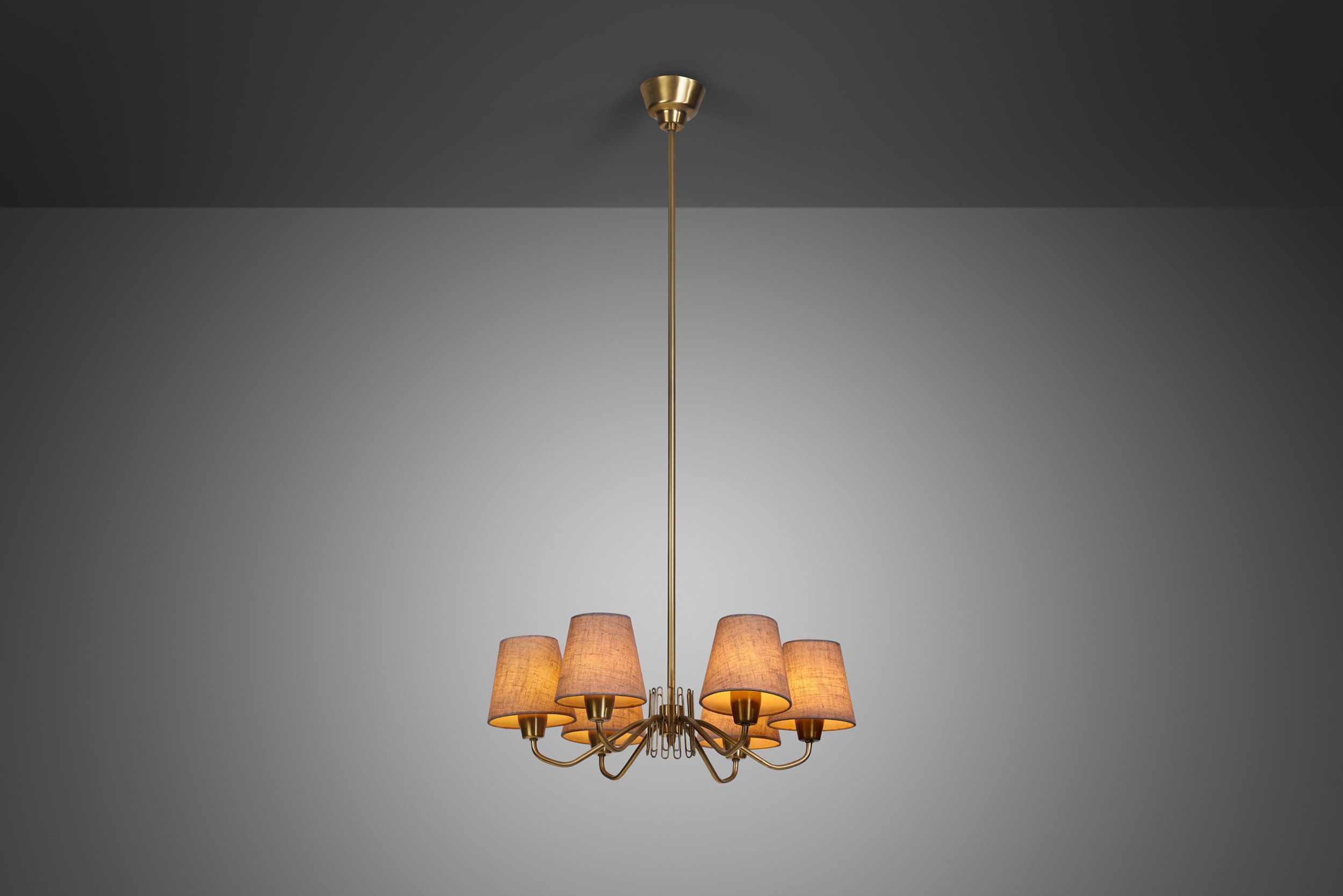 Swedish Modern Brass Chandelier with Fabric Shades, Mid-20th Century