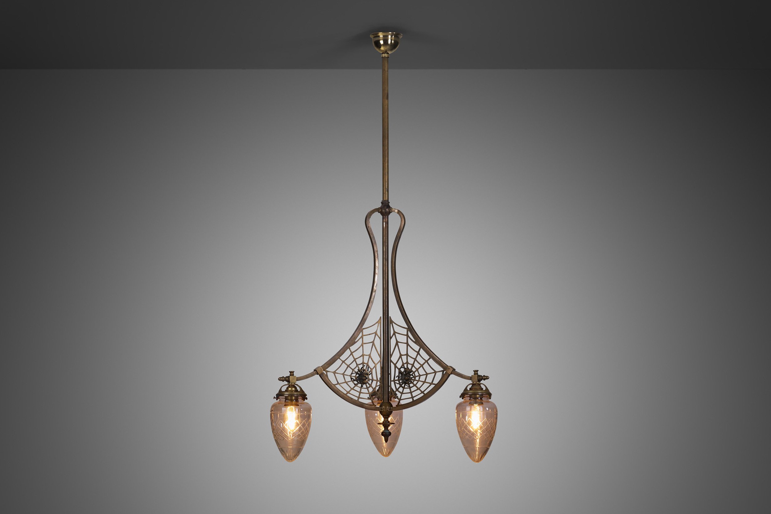 Art Nouveau Brass Ceiling Lamp with Glass Shades and Decorative Spider Nets, Europe 1900s