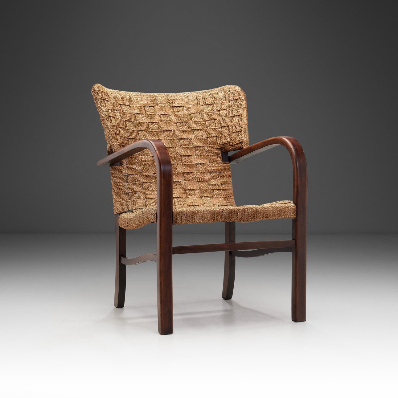 Woven Rope Wingback Armchair in the Manner of Erich Diekmann, The Netherlands 1940s