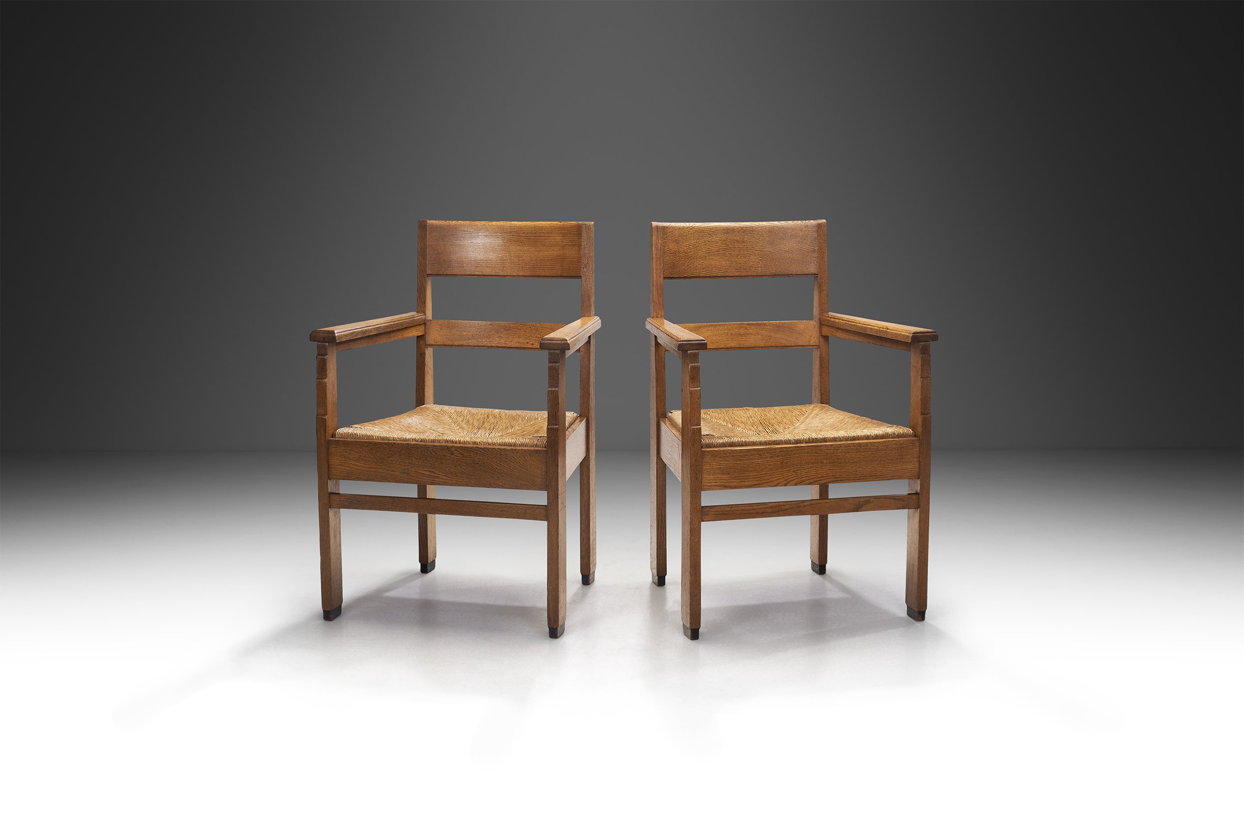 Dutch Oak Art Deco Chairs with Rush Seats, The Netherlands 1920s (sold)