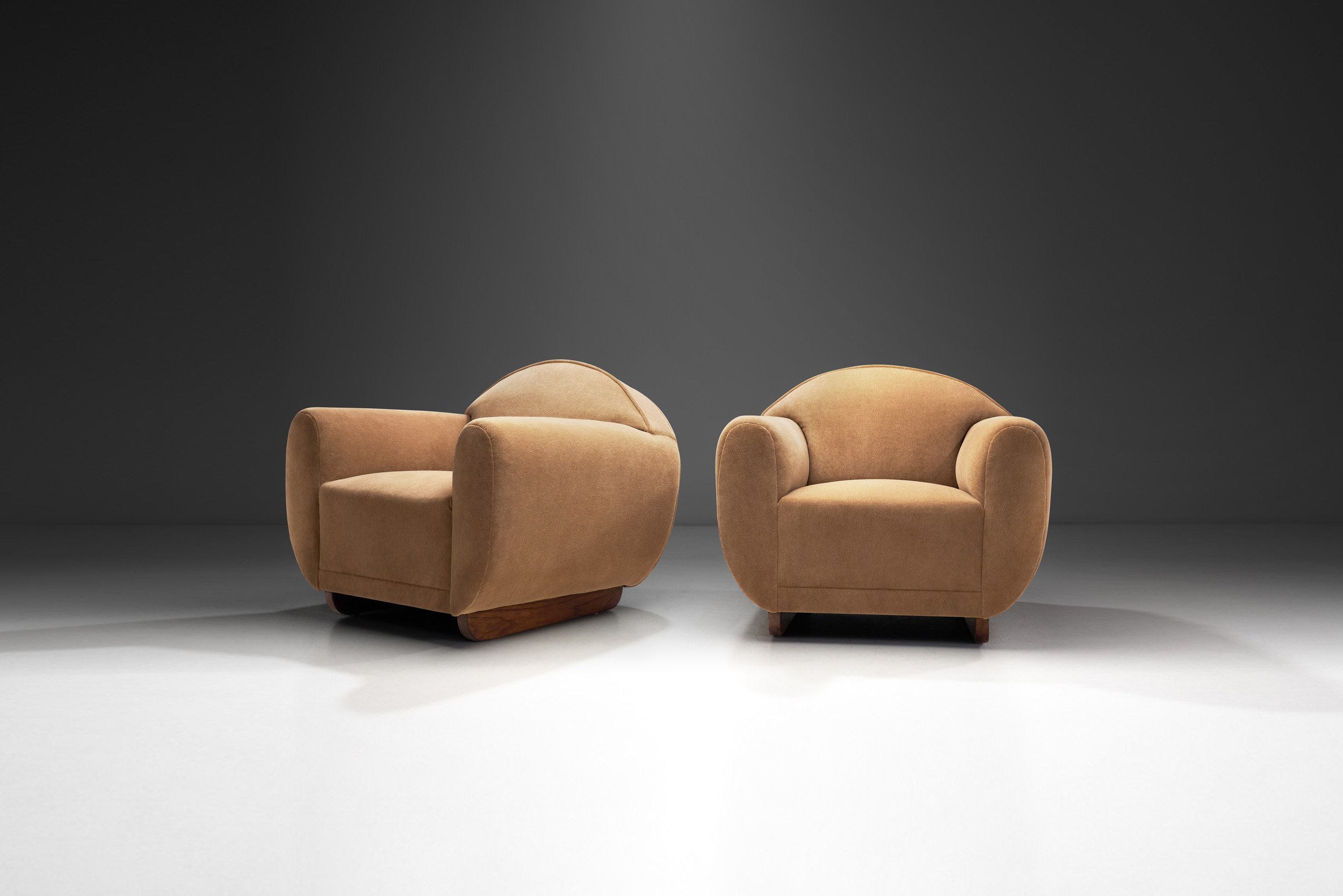 French Art Deco Armchairs with Oak Sliding Legs, France 1940s (sold)