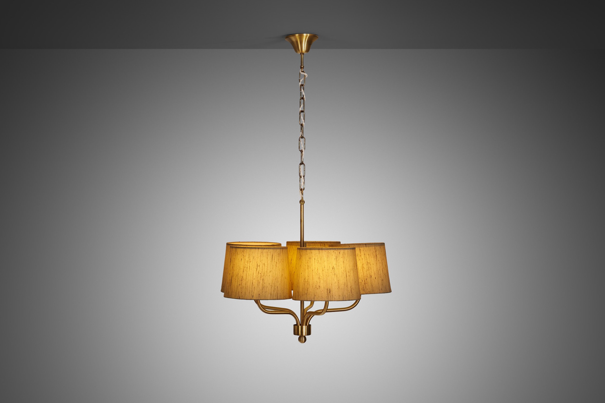 Five Arm Brass Chandelier with Fabric Shades by Luxus Vittsjö, Sweden 1960s (sold)