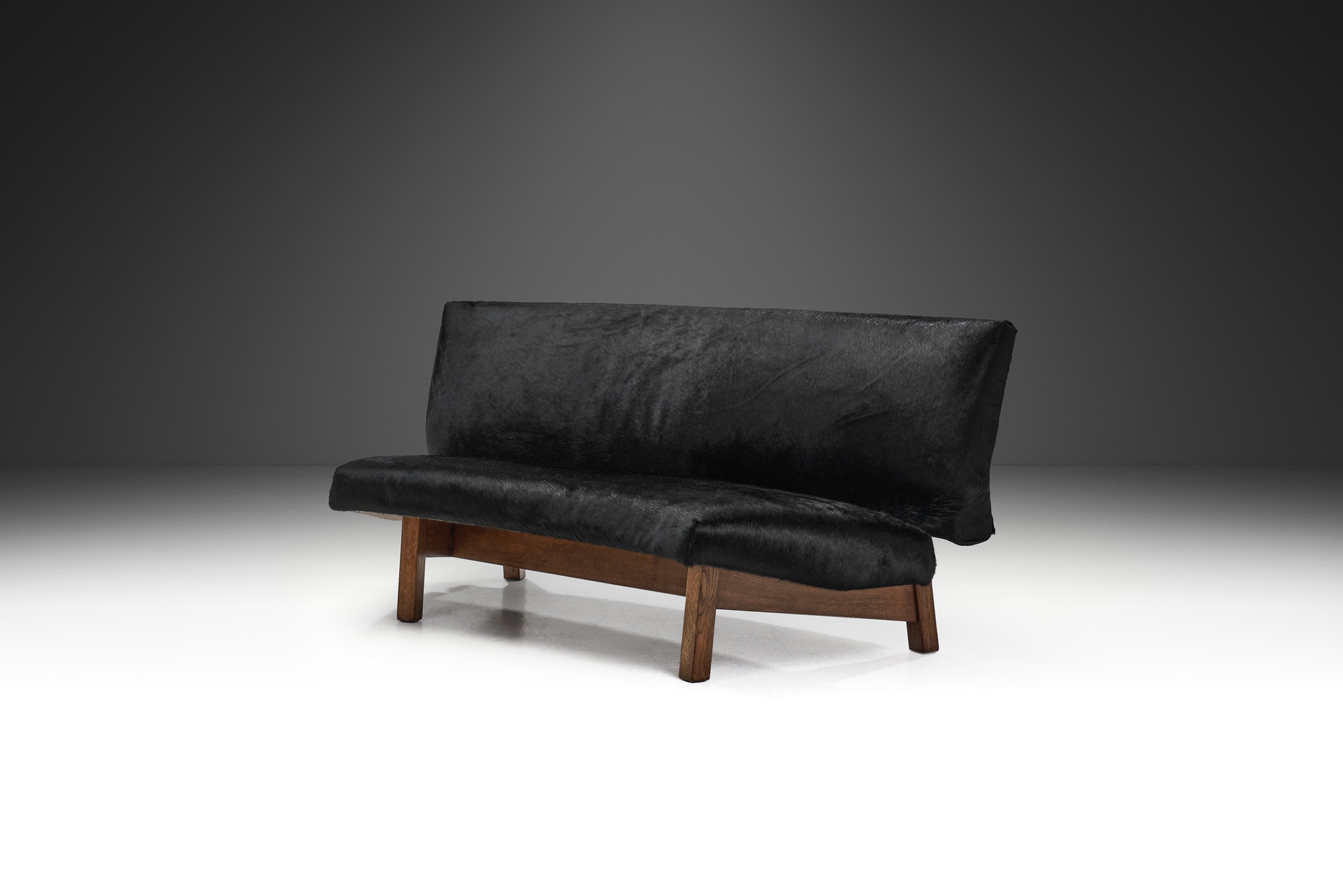 European Mid-Century Sofa in Black Cow Hide, Europe ca 1950s