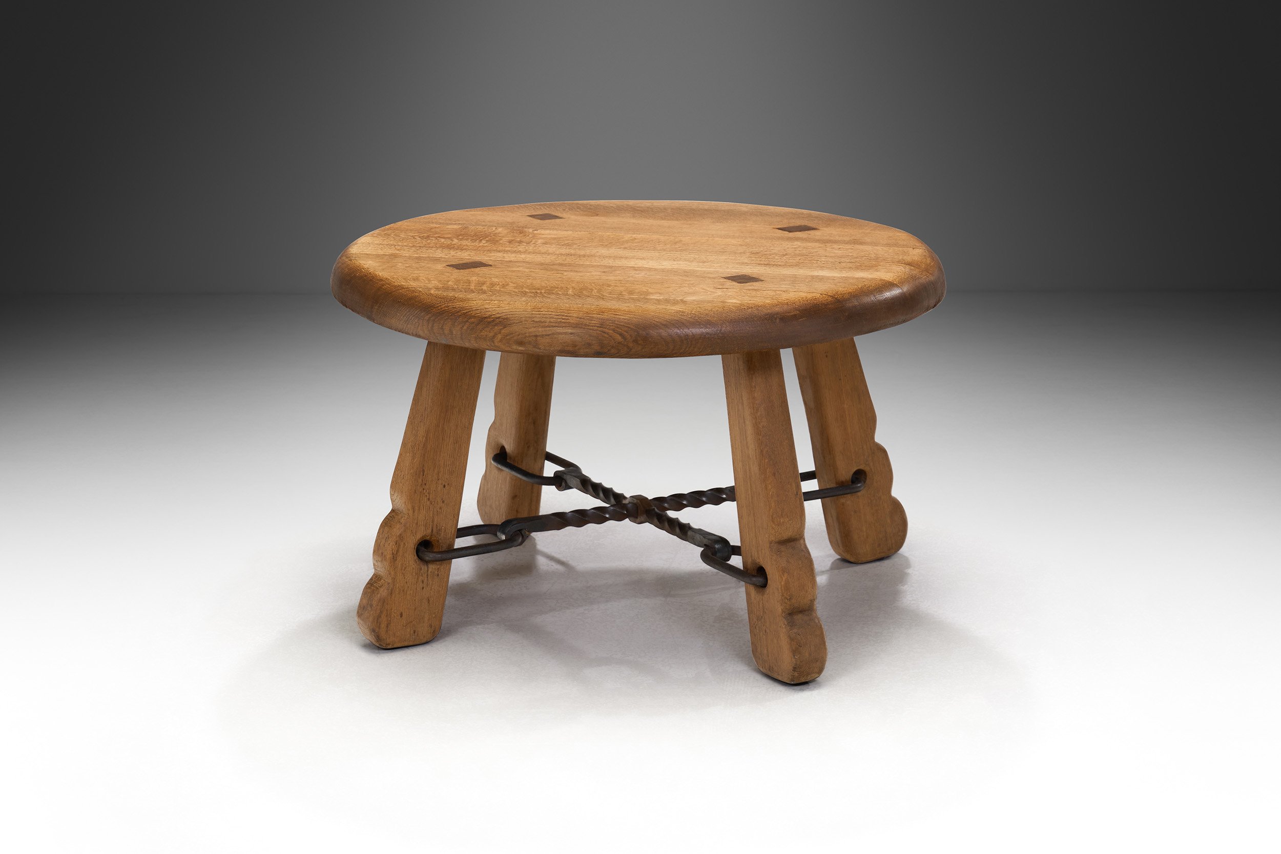 Solid Oak and Wrought Iron Coffee Table, France ca 1960s