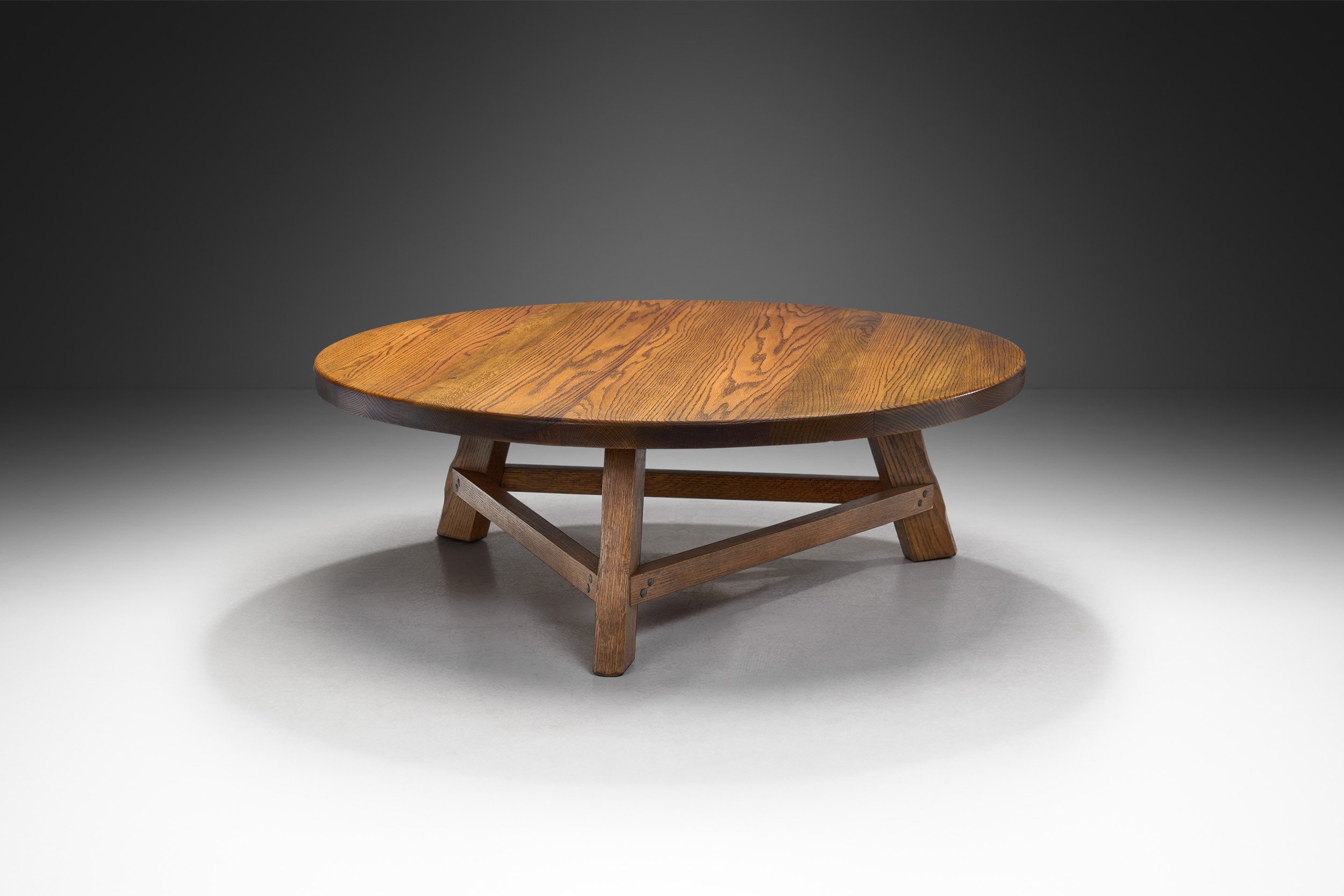 Brutalist Oak Coffee Table with Triangular Legs, Europe ca 1950s (sold)
