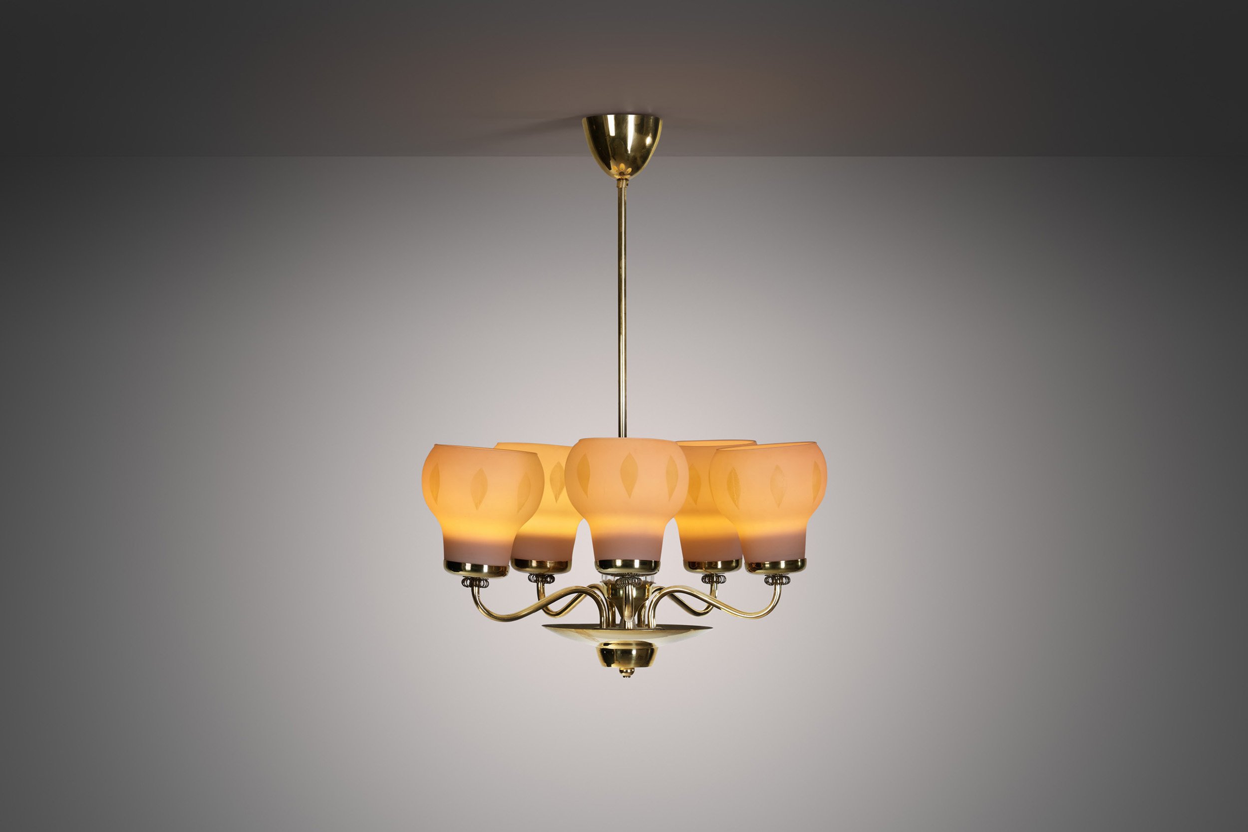 Mid-Century Finnish Brass and Opal Glass Chandelier by Saariston Valaisin, Finland ca 1950s