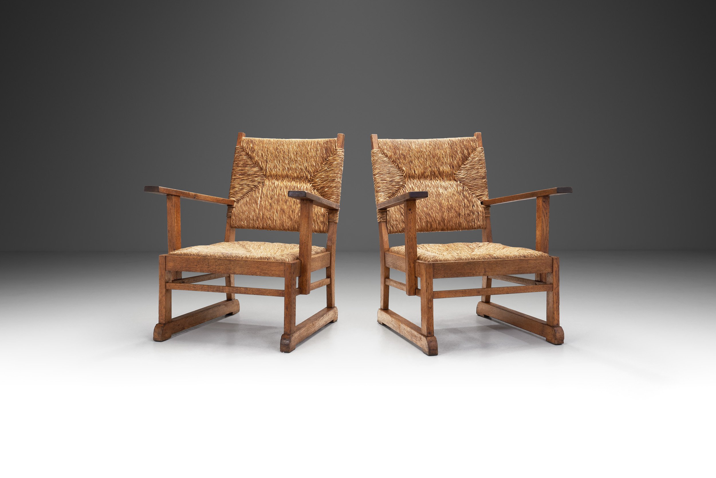 Oak and Rush Armchairs, The Netherlands 1930s (sold)