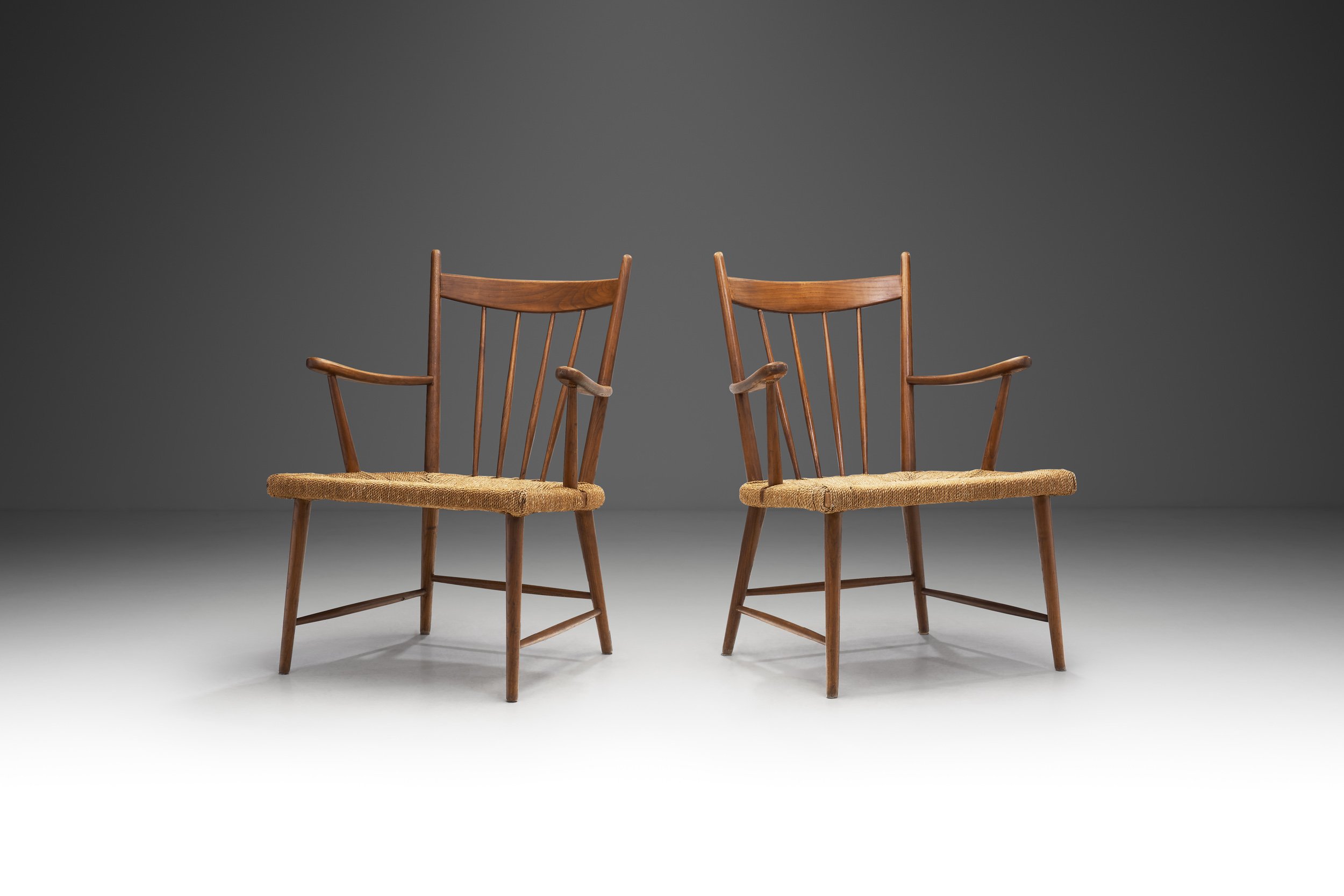 Teak Slatback Chairs with Woven Danish Cord Seats, Denmark ca 1960s