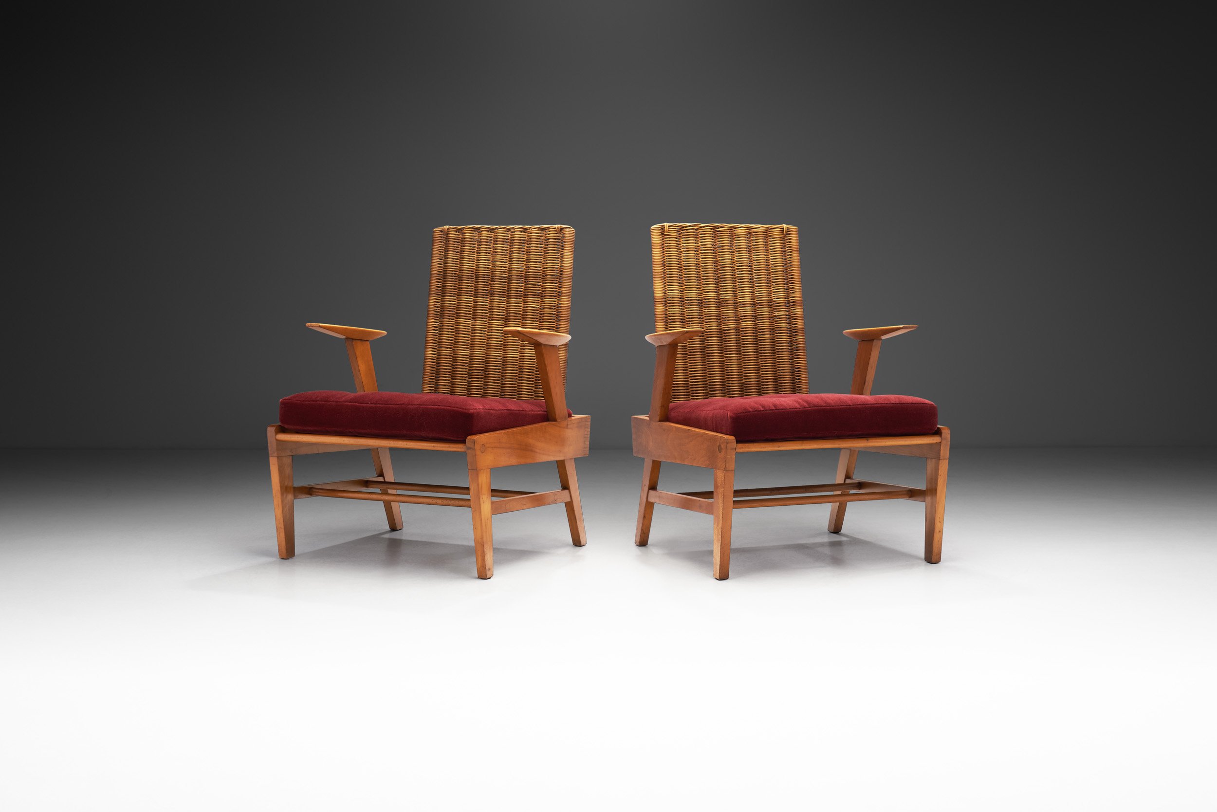 Sculptural Beech and Rattan Armchairs by Úľuv, Czechoslovakia 1960s (sold)