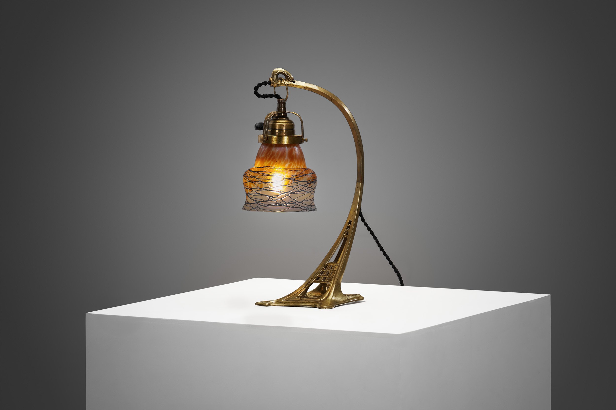 Art Nouveau Brass Table Lamp with Iridescent Glass Shade, Europe early 20th century