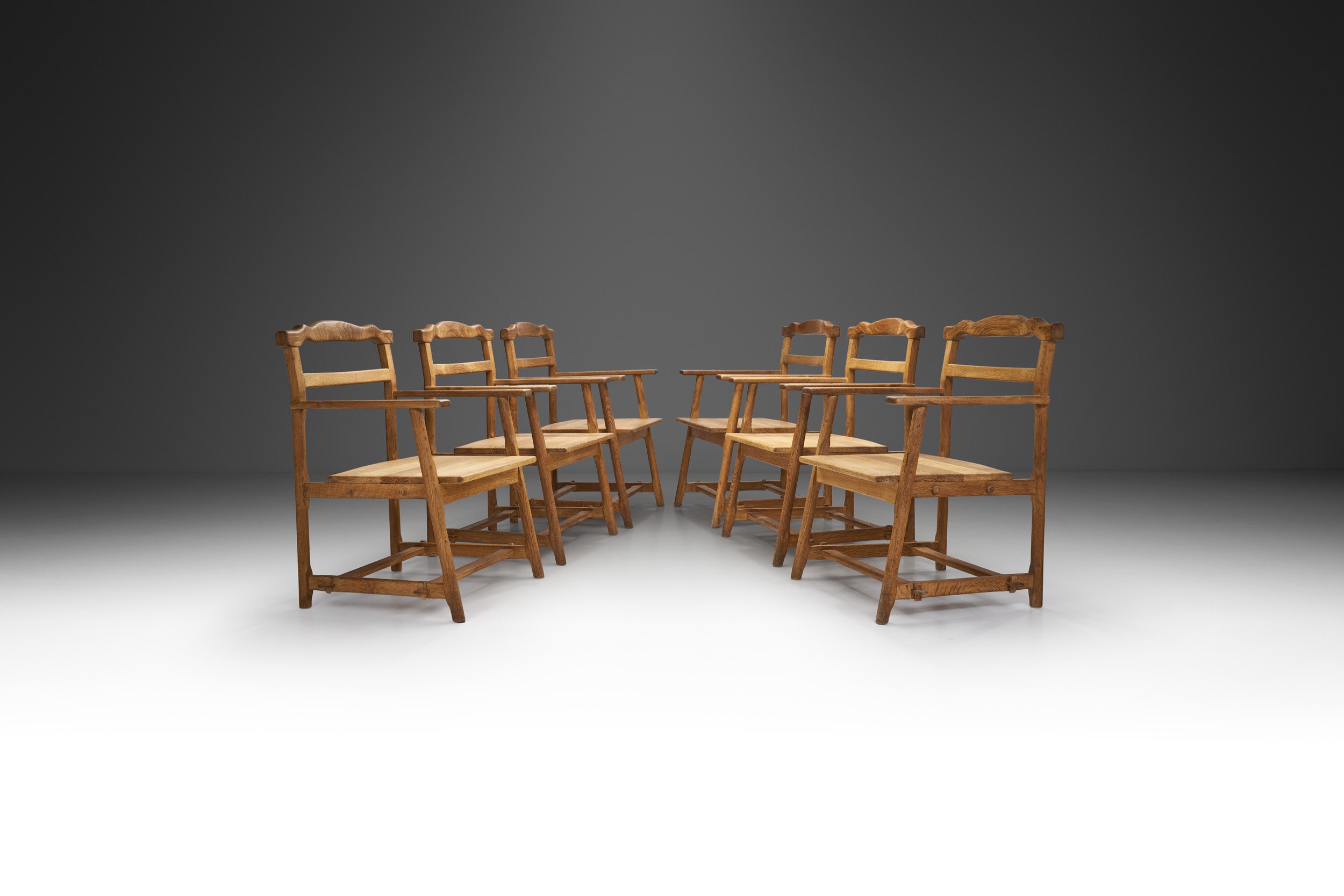 Set of Six Brutalist Solid Oak Dining Chairs, Europe 1960s