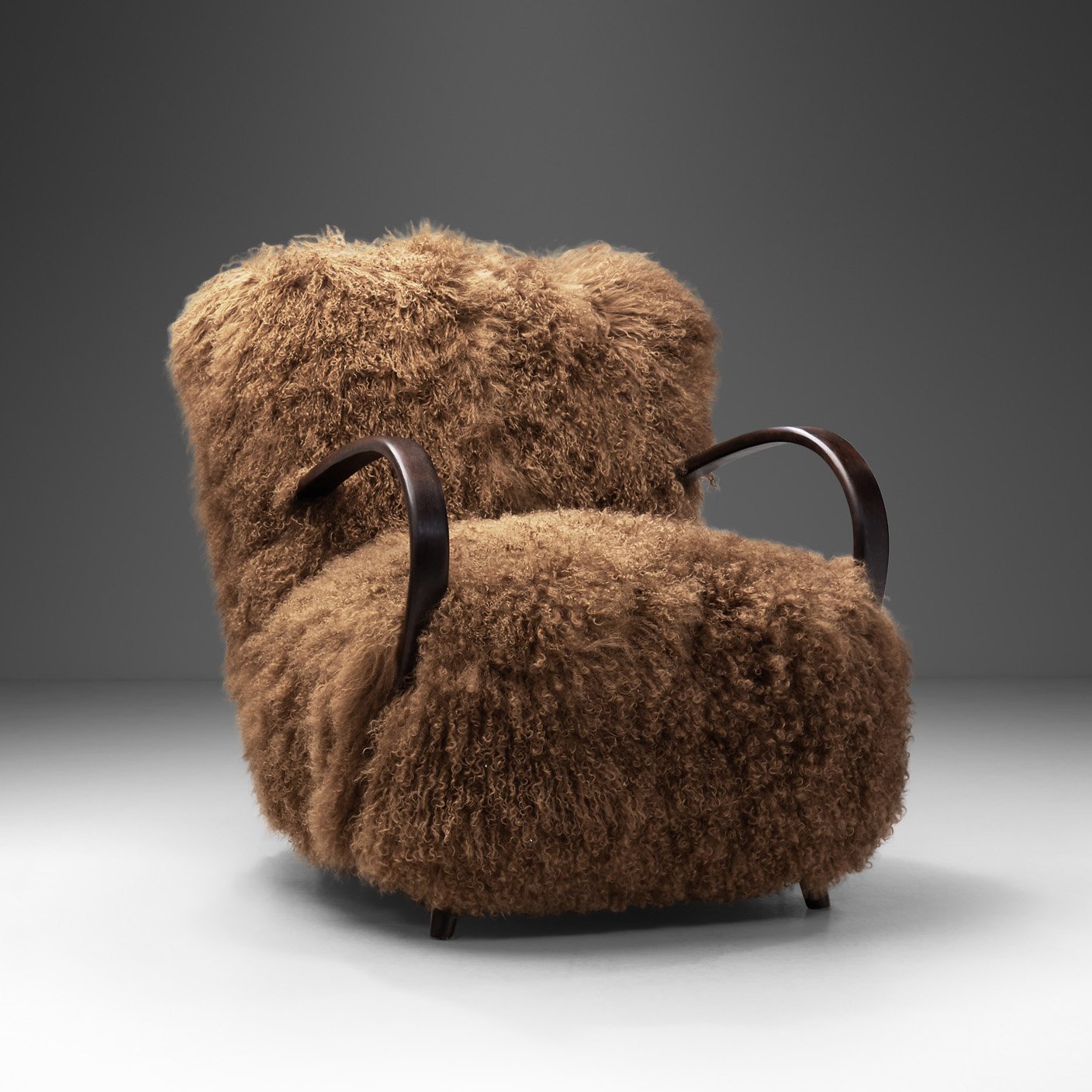 Danish Cabinetmaker Lounge Chair in Tibetan Sheepskin, Denmark 1950s (sold)