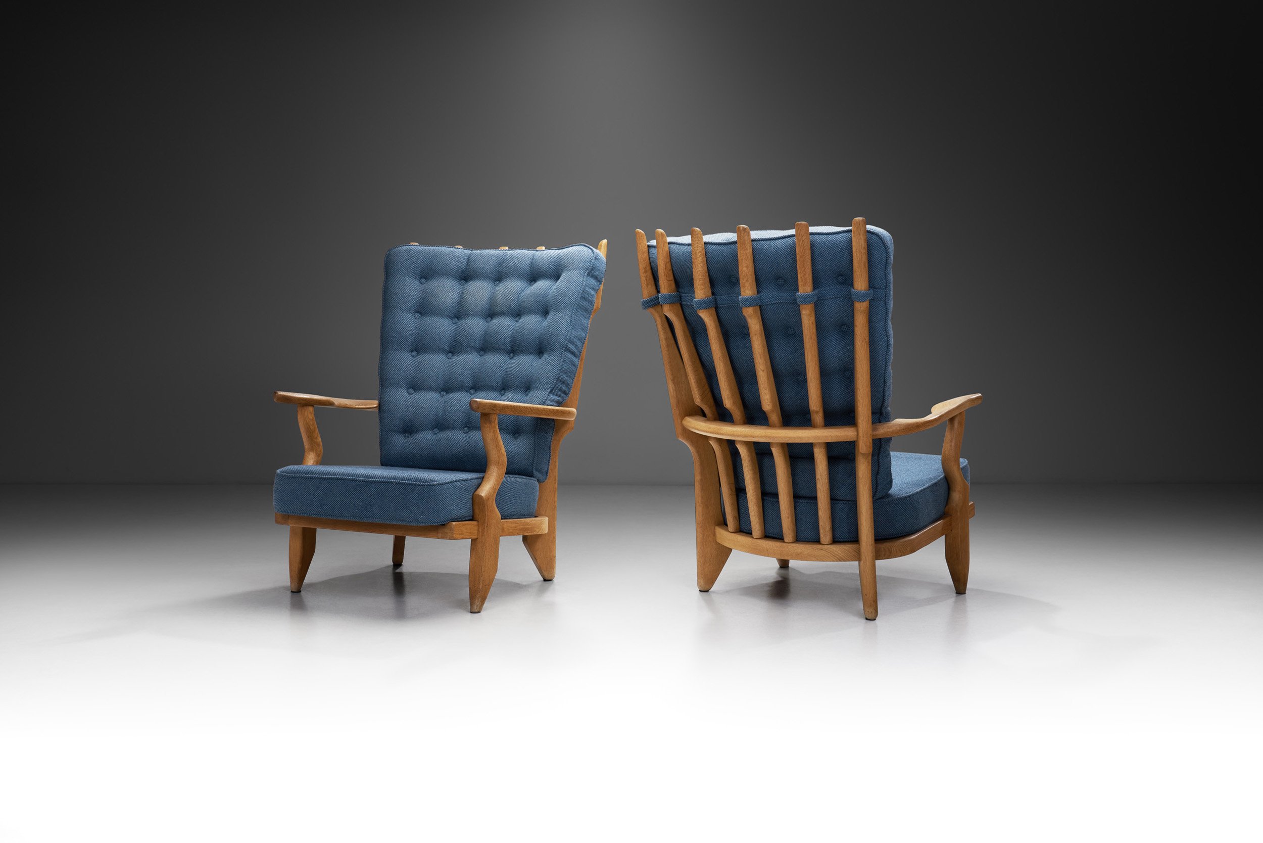 Pair of Guillerme et Chambron "Grand Repos" Lounge Chairs in Blue Fabric, France 1950s